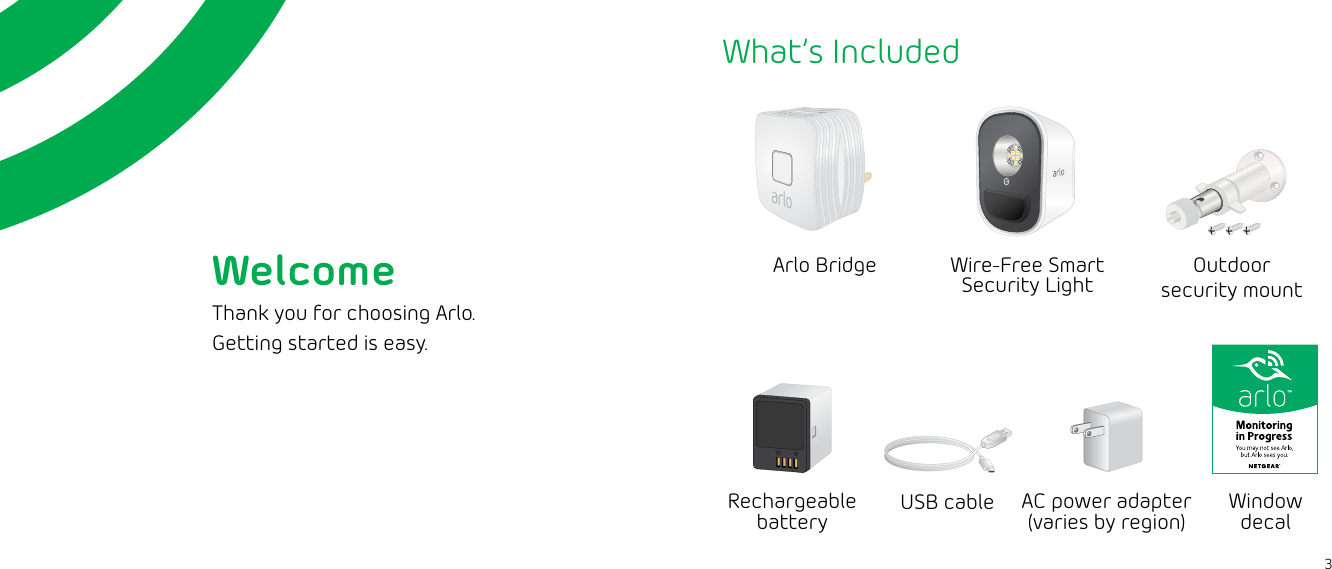 3WelcomeThank you for choosing Arlo.  Getting started is easy.What’s IncludedWire-Free Smart Security LightRechargeable batteryUSB cable Window decalOutdoor security mountArlo BridgeAC power adapter (varies by region)