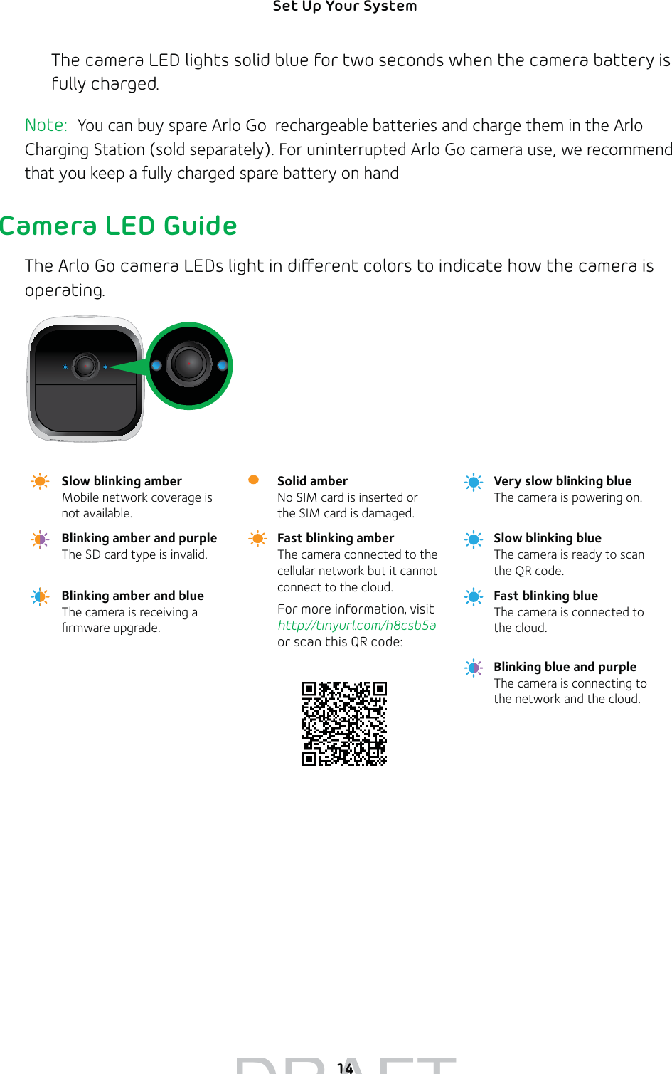 14Set Up Your System The camera LED lights solid blue for two seconds when the camera battery is fully charged.Note:  You can buy spare Arlo Go  rechargeable batteries and charge them in the Arlo Charging Station (sold separately). For uninterrupted Arlo Go camera use, we recommend that you keep a fully charged spare battery on handCamera LED GuideThe Arlo Go camera LEDs light in dierent colors to indicate how the camera is operating.Slow blinking amber Mobile network coverage is  not available.Solid amber No SIM card is inserted or  the SIM card is damaged.Very slow blinking blue The camera is powering on.Blinking amber and purple The SD card type is invalid.Fast blinking amber The camera connected to the cellular network but it cannot connect to the cloud.For more information, visit http://tinyurl.com/h8csb5a  or scan this QR code:Slow blinking blue The camera is ready to scan  the QR code.Blinking amber and blue The camera is receiving a ﬁrmware upgrade.Fast blinking blue The camera is connected to  the cloud.Blinking blue and purple The camera is connecting to  the network and the cloud.DRAFT1414