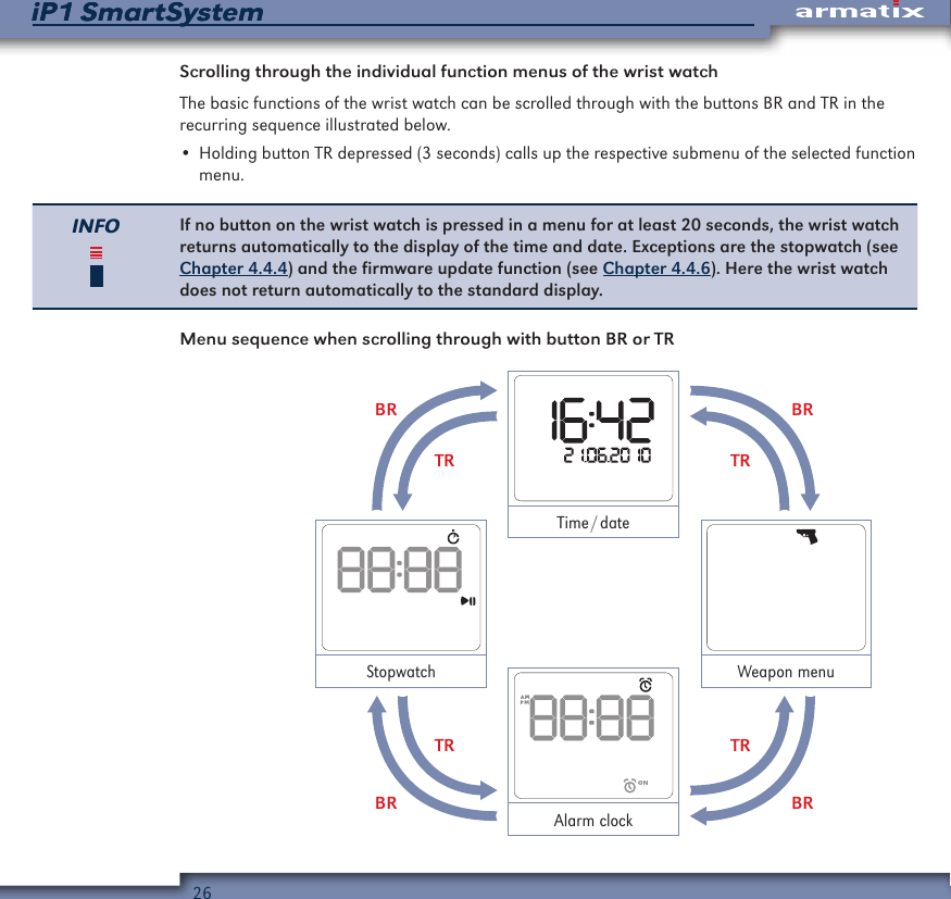 26iP1 SmartSystemiP1 SmartSystemScrolling through the individual function menus of the wrist watchThe basic functions of the wrist watch can be scrolled through with the buttons BR and TR in the recurring sequence illustrated below.&bull; Holding button TR depressed (3 seconds) calls up the respective submenu of the selected function menu.INFO If no button on the wrist watch is pressed in a menu for at least 20 seconds, the wrist watch returns automatically to the display of the time and date. Exceptions are the stopwatch (see Chapter 4.4.4) and the firmware update function (see Chapter 4.4.6). Here the wrist watch does not return automatically to the standard display.Menu sequence when scrolling through with button BR or TR BRBRTRTRTRTRBRBRTime / dateWeapon menuAlarm clockStopwatch