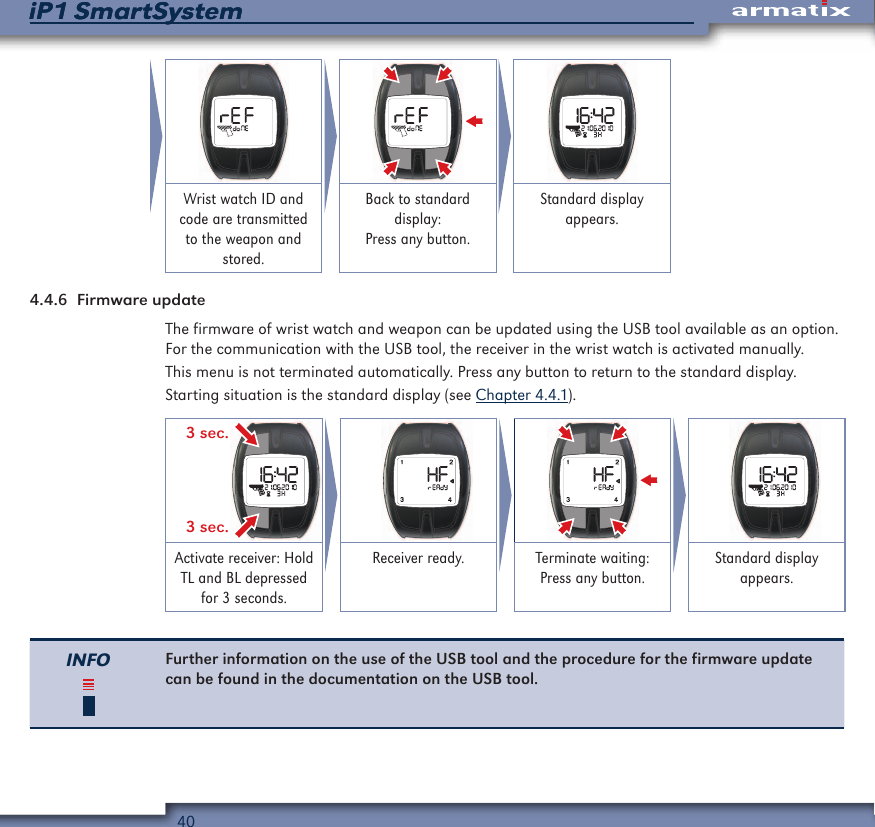 40iP1 SmartSystemiP1 SmartSystemWrist watch ID and code are transmitted to the weapon and stored.Back to standard display: Press any button.Standard display appears.4.4.6  Firmware updateThe firmware of wrist watch and weapon can be updated using the USB tool available as an option. For the communication with the USB tool, the receiver in the wrist watch is activated manually.This menu is not terminated automatically. Press any button to return to the standard display.Starting situation is the standard display (see Chapter 4.4.1). 3 sec.3 sec.    Activate receiver: Hold TL and BL depressed for 3 seconds.Receiver ready. Terminate waiting: Press any button.Standard display appears.INFO Further information on the use of the USB tool and the procedure for the firmware update can be found in the documentation on the USB tool.