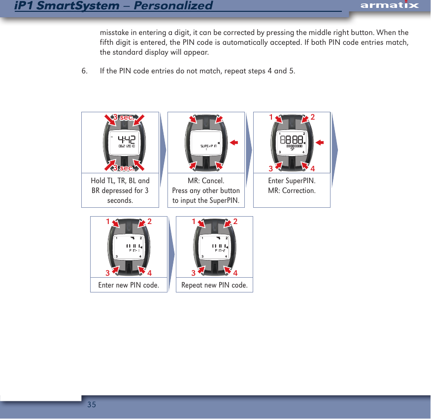 35iP1 SmartSystem &ndash; PersonalizediP1 SmartSystemmisstake in entering a digit, it can be corrected by pressing the middle right button. When the fifth digit is entered, the PIN code is automatically accepted. If both PIN code entries match, the standard display will appear.6.  If the PIN code entries do not match, repeat steps 4 and 5. 3 sec.3 sec.2431Hold TL, TR, BL and BR depressed for 3 seconds.MR: Cancel.Press any other button to input the SuperPIN.Enter SuperPIN.MR: Correction.2431 2431Enter new PIN code. Repeat new PIN code.