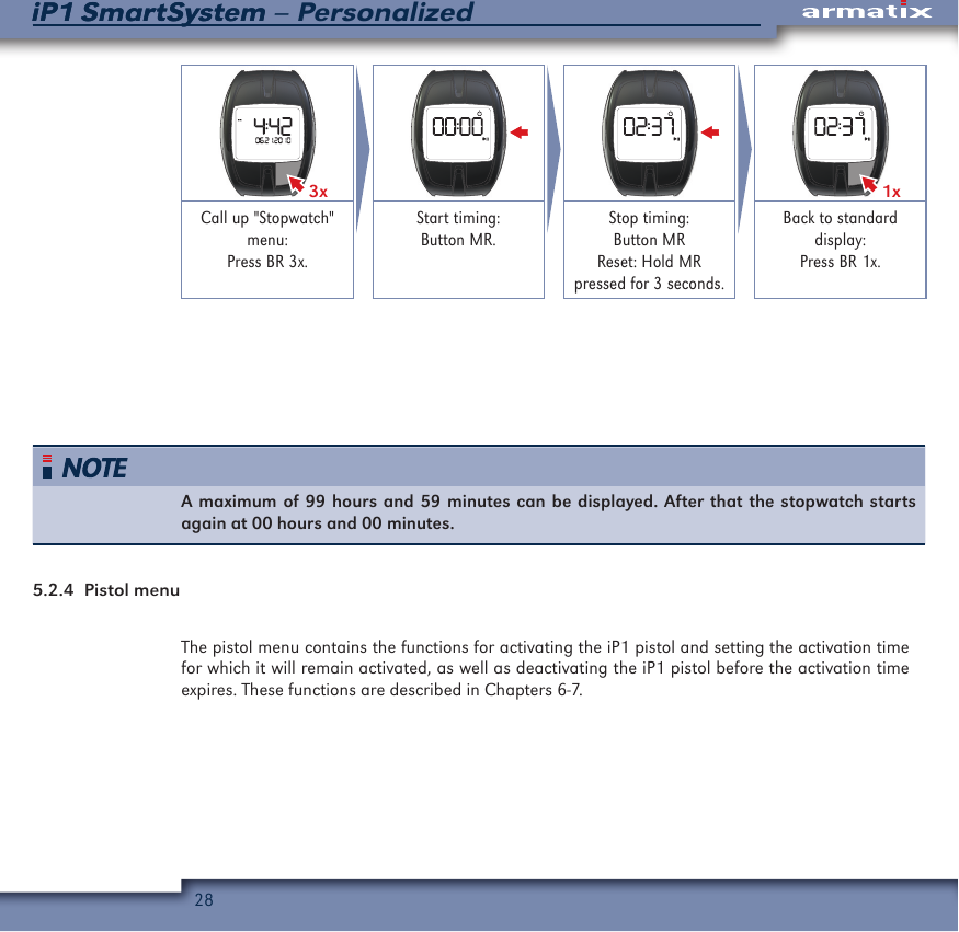 28iP1 SmartSystem &ndash; PersonalizediP1 SmartSystem3x 1xCall up "Stopwatch" menu:Press BR 3x.Start timing: Button MR.Stop timing: Button MRReset: Hold MRpressed for 3 seconds.Back to standard display:Press BR 1x.A maximum of 99 hours and 59 minutes can be displayed. After that the stopwatch starts again at 00 hours and 00 minutes.5.2.4  Pistol menuThe pistol menu contains the functions for activating the iP1 pistol and setting the activation time for which it will remain activated, as well as deactivating the iP1 pistol before the activation time expires. These functions are described in Chapters 6-7.