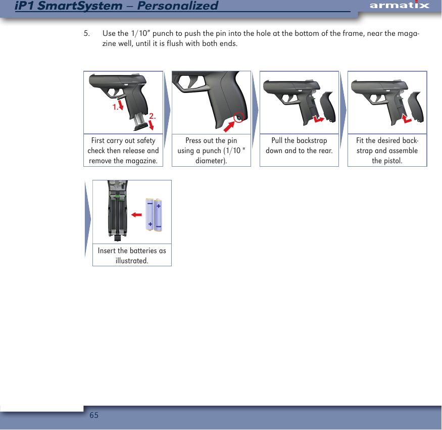 65iP1 SmartSystem &ndash; PersonalizediP1 SmartSystem5.  Use the 1/10&rdquo; punch to push the pin into the hole at the bottom of the frame, near the maga-zine well, until it is flush with both ends.1.2.First carry out safety check then release and remove the magazine.Press out the pin using a punch (1/10 " diameter).Pull the backstrap down and to the rear.Fit the desired back-strap and assemble the pistol.Insert the batteries as illustrated.