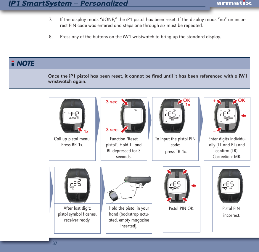 37iP1 SmartSystem &ndash; PersonalizediP1 SmartSystem7.  If the display reads &ldquo;dONE,&rdquo; the iP1 pistol has been reset. If the display reads &ldquo;no&rdquo; an incor-rect PIN code was entered and steps one through six must be repeated.8.  Press any of the buttons on the iW1 wristwatch to bring up the standard display.Once the iP1 pistol has been reset, it cannot be fired until it has been referenced with a iW1 wristwatch again. 1x  3 sec.3 sec.OK1x OK&ndash;+Call up pistol menu:Press BR 1x.Function "Reset pistol". Hold TL and BL depressed for 3 seconds.To input the pistol PIN code: press TR 1x.Enter digits individu-ally (TL and BL) and confirm (TR).Correction: MR.After last digit: pistol symbol flashes, receiver ready.Hold the pistol in your hand (backstrap actu-ated, empty magazine inserted).Pistol PIN OK. Pistol PIN incorrect.