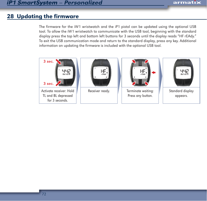 72iP1 SmartSystem &ndash; PersonalizediP1 SmartSystem28   Updating the firmwareThe firmware for the iW1 wristwatch and the iP1 pistol can be updated using the optional USB tool. To allow the iW1 wristwatch to communicate with the USB tool, beginning with the standard display press the top left and bottom left buttons for 3 seconds until the display reads &ldquo;HF rEAdy.&rdquo;  To exit the USB communication mode and return to the standard display, press any key. Additional information on updating the firmware is included with the optional USB tool. 3 sec.3 sec.    Activate receiver: Hold TL and BL depressed for 3 seconds.Receiver ready. Terminate waiting: Press any button.Standard display appears.