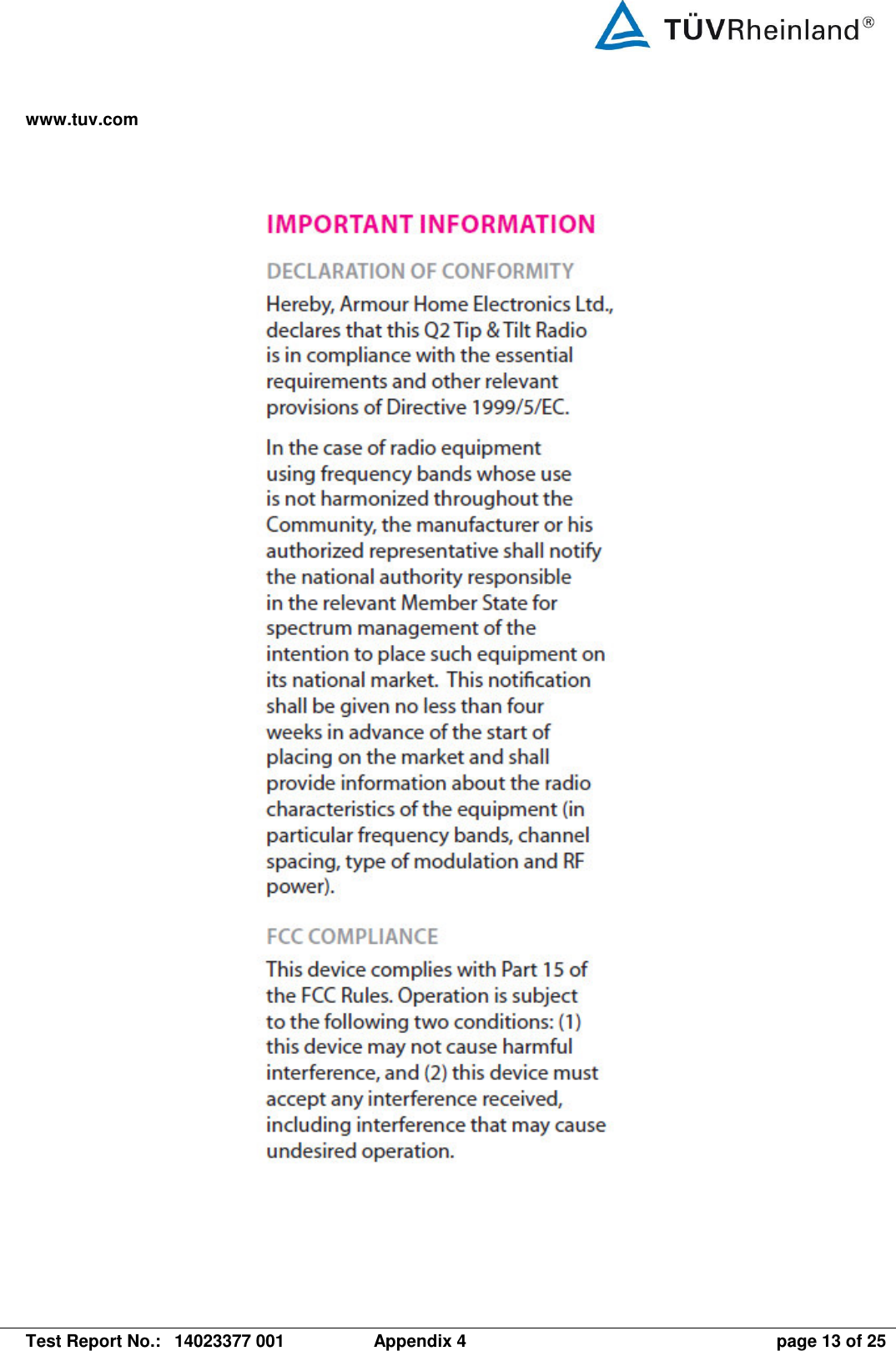 www.tuv.com   Test Report No.:  14023377 001  Appendix 4  page 13 of 25   