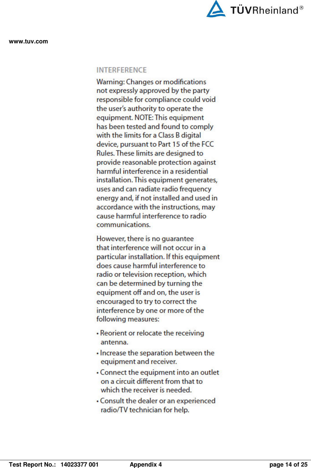 www.tuv.com   Test Report No.:  14023377 001  Appendix 4  page 14 of 25   