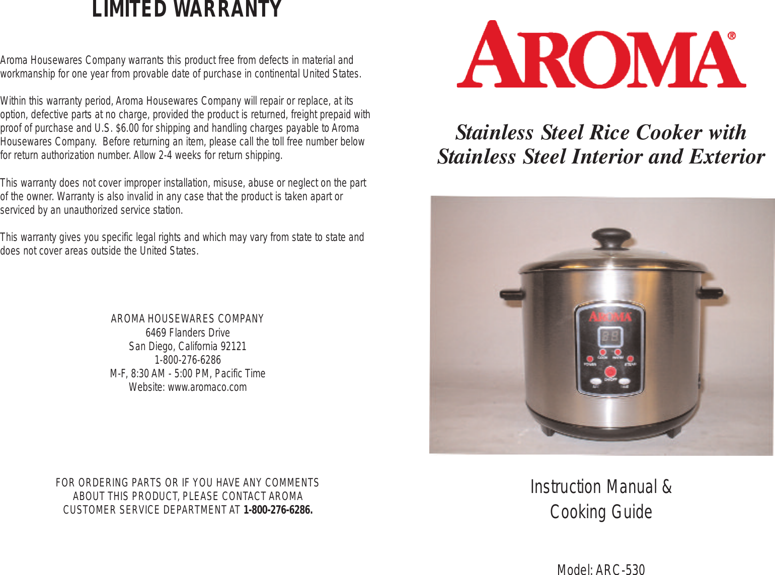 Page 12 of 12 - Aroma Aroma-Aroma-Rice-Cooker-Arc-530-Users-Manual-  Aroma-aroma-rice-cooker-arc-530-users-manual