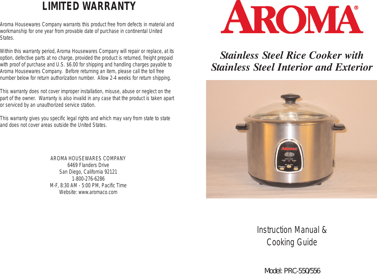 Page 1 of 12 - Aroma Aroma-Aroma-Rice-Cooker-Prc-550-556-Users-Manual-  Aroma-aroma-rice-cooker-prc-550-556-users-manual