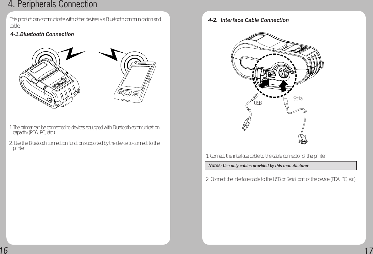 16174-1.Bluetooth Connection1. The printer can be connected to devices equipped with Bluetooth communication    capacity (PDA, PC, etc.)2. Use the Bluetooth connection function supported by the device to connect to the    printer.4. Peripherals Connection4-2.  Interface Cable Connection1. Connect the interface cable to the cable connector of the printerNotes: Use only cables provided by this manufacturer 2. Connect the interface cable to the USB or Serial port of the device (PDA, PC, etc)SerialUSBThis product can communicate with other devises via Bluetooth communication and cable.