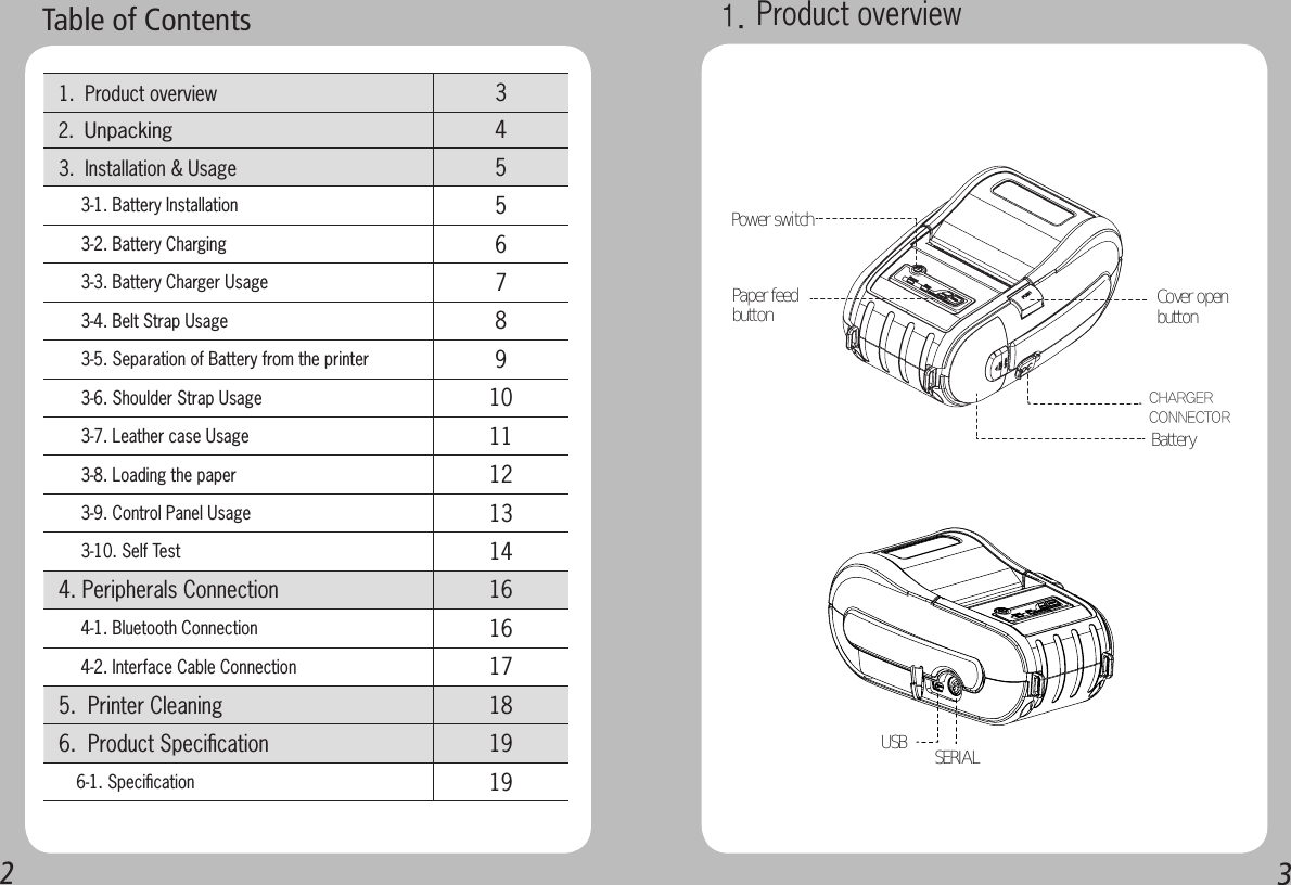 23Table of Contents 1.  Product overview  3 2.  Unpacking4 3.  Installation &amp; Usage   5      3-1. Battery Installation 5      3-2. Battery Charging  6      3-3. Battery Charger Usage  7      3-4. Belt Strap Usage 8      3-5. Separation of Battery from the printer 9      3-6. Shoulder Strap Usage   10      3-7. Leather case Usage  11      3-8. Loading the paper 12      3-9. Control Panel Usage 13      3-10. Self Test 14 4. Peripherals Connection 16      4-1. Bluetooth Connection 16      4-2. Interface Cable Connection 17 5.  Printer Cleaning 18 6.  Product Speciﬁcation 19     6-1. Speciﬁcation 191. Product overviewPower switch     CHARGER CONNECTOR   Cover open button     BatterySERIALUSB  Paper feed button      