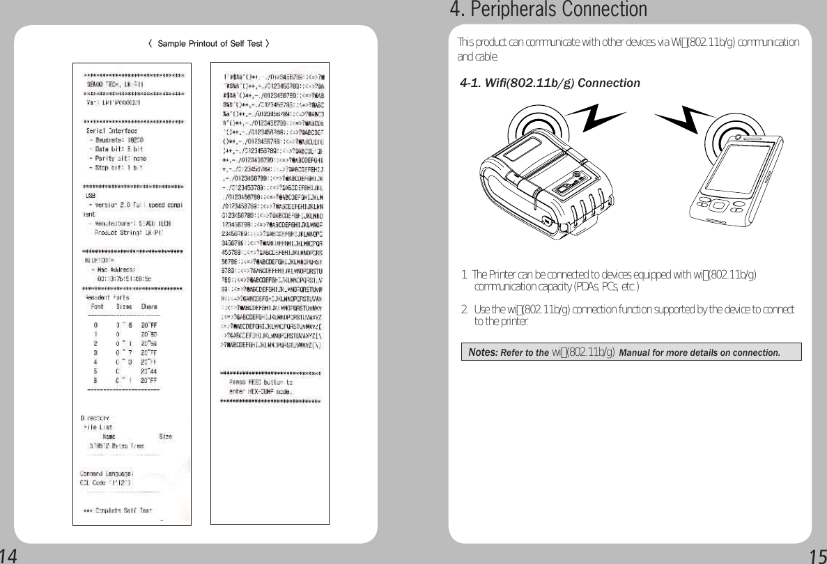 1415&lt;  Sample Printout of Self Test &gt; 4. Peripherals ConnectionThis product can communicate with other devices via Wi• (802.11b/g) communication  and cable.4-1. Wiﬁ(802.11b/g) Connection1.  The Printer can be connected to devices equipped with wi• (802.11b/g)        communication capacity (PDAs, PCs, etc.)2.  Use the wi• (802.11b/g)   connection function supported by the device to connect       to the printer. Notes: Refer to the wi• (802.11b/g)    Manual for more details on connection.