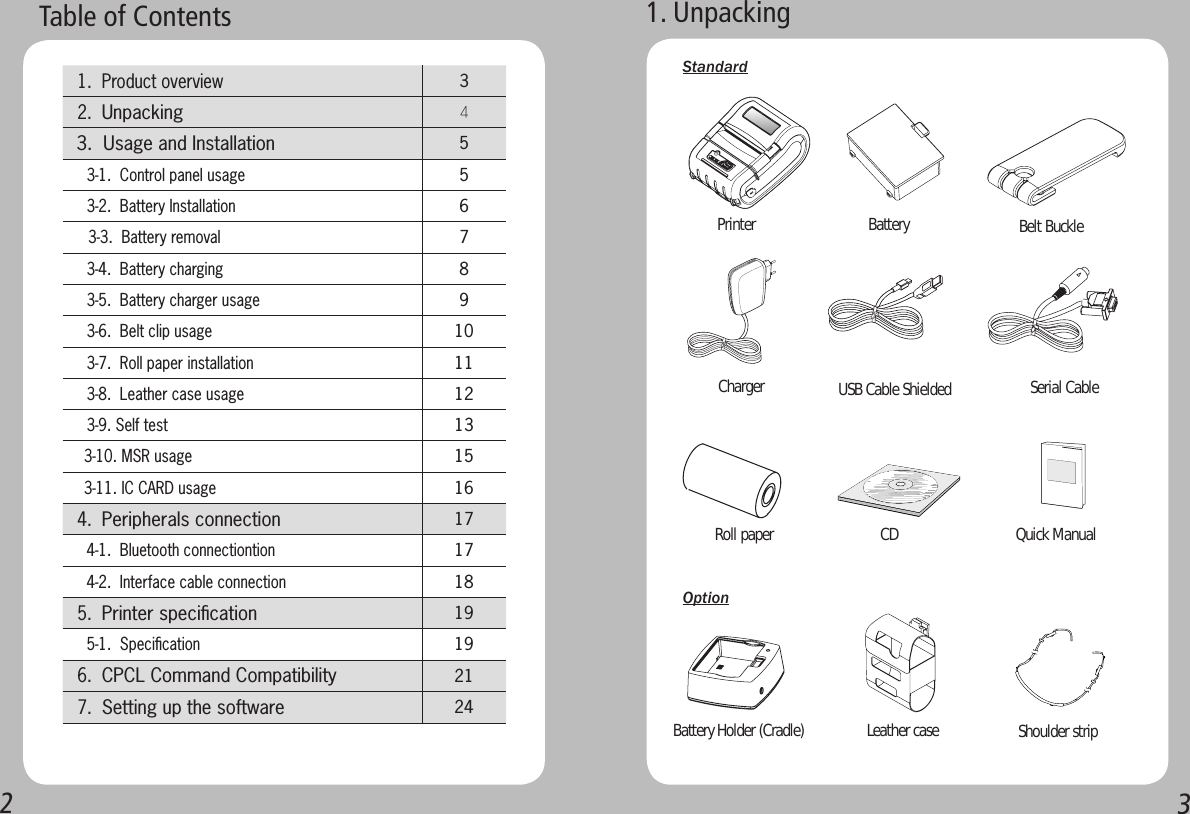 23Table of Contents 1.  Product overview 3 2.  Unpacking 4 3.  Usage and Installation 5   3-1.  Control panel usage5   3-2.  Battery Installation6    3-3.  Battery removal7   3-4.  Battery charging8   3-5.  Battery charger usage9   3-6.  Belt clip usage10   3-7.  Roll paper installation11   3-8.  Leather case usage12   3-9. Self test13   3-10. MSR usage15   3-11. IC CARD usage16 4.  Peripherals connection 17   4-1.  Bluetooth connectiontion17   4-2.  Interface cable connection18 5.  Printer speciﬁcation 19   5-1.  Speciﬁcation19 6.  CPCL Command Compatibility  21 7.  Setting up the software 241. Unpacking  StandardOptionPrinter BatterySerial CableRoll paperBelt BuckleUSB Cable ShieldedChargerCD Quick ManualBattery Holder (Cradle) Leather case  Shoulder strip