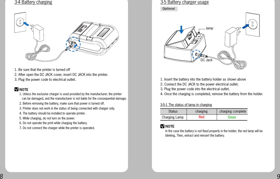 893-5-1 The status of lamp in charginglampDC JackStatus                  charging            charging complete      Charging Lamp  Red    GreenNOTE1. Unless the exclusive charger is used provided by the manufacturer, the printer      can be damaged, and the manufacturer is not liable for the consequential damage.2. Before removing the battery, make sure that power is turned off.3. Printer does not work in the status of being connected with charger only.4. The battery should be installed to operate printer.5. While charging, do not turn on the power.6. Do not operate the print while charging the battery.7. Do not connect the charger while the printer is operated.NOTEIn the case the battery is not ﬁxed properly in the holder, the red lamp will be blinking, Then, extract and reinsert the battery.1. Be sure that the printer is turned off 2. After open the DC JACK cover, insert DC JACK into the printer.3. Plug the power code to electrical outlet. 1. Insert the battery into the battery holder as shown above2. Connect the DC JACK to the power electrical outlet.3. Plug the power code into the electrical outlet.4. Once the charging is completed, remove the battery from the holder.3-4 Battery charging 3-5 Battery charger usageOptional