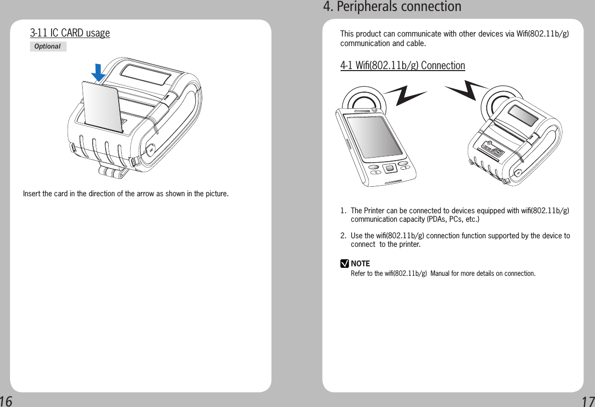 16173-11 IC CARD usageInsert the card in the direction of the arrow as shown in the picture. OptionalThis product can communicate with other devices via Wiﬁ(802.11b/g)communication and cable. 4-1 Wiﬁ(802.11b/g) Connection4. Peripherals connection1.  The Printer can be connected to devices equipped with wiﬁ(802.11b/g)       communication capacity (PDAs, PCs, etc.)2.  Use the wiﬁ(802.11b/g) connection function supported by the device to       connect  to the printer. NOTERefer to the wiﬁ(802.11b/g)  Manual for more details on connection.