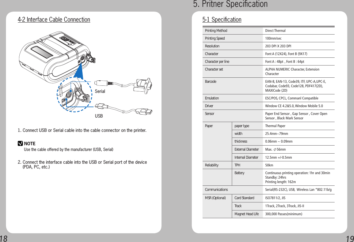 1819SerialUSB4-2 Interface Cable Connection1. Connect USB or Serial cable into the cable connector on the printer.2. Connect the interface cable into the USB or Serial port of the device    (PDA, PC, etc.)NOTEUse the cable offered by the manufacturer (USB, Serial)Printing Method Direct ThermalPrinting Speed 100mm/secResolution 203 DPI X 203 DPICharacter Font A (12X24), Font B (9X17)Character per line Font A : 48pt , Font B : 64ptCharacter set ALPHA NUMERIC Character, Extension CharacterBarcode EAN-8, EAN-13, Code39, ITF, UPC-A,UPC-E,Codabar, Code93, Code128, PDF417(2D),MAXICode (2D)Emulation ESC/POS, CPCL, Commanl CompatibleDriver Window CE 4.2&amp;5.0, Window Mobile 5.0Sensor Paper End Sensor , Gap Sensor , Cover Open Sensor , Black Mark SensorPaper paper type Thermal Paperwidth   25.4mm~79mmthickness  0.06mm ~ 0.09mmExternal Diameter Max. Φ56mmInternal Diameter  12.5mm +/-0.5mmReliability  TPH 50kmBattery  Continuous printing operation: 1hr and 30minStandby: 24hrsPrinting length: 162mCommunications  Serial(RS-232C), USB,  Wireless Lan *802.11b/gMSR (Optional) Card Standard ISO7811/2, JISTrack  1Track, 2Track, 3Track, JIS-IIMagnet Head Life 300,000 Passes(minimum)5. Pritner Speciﬁcation 5-1 Speciﬁcation