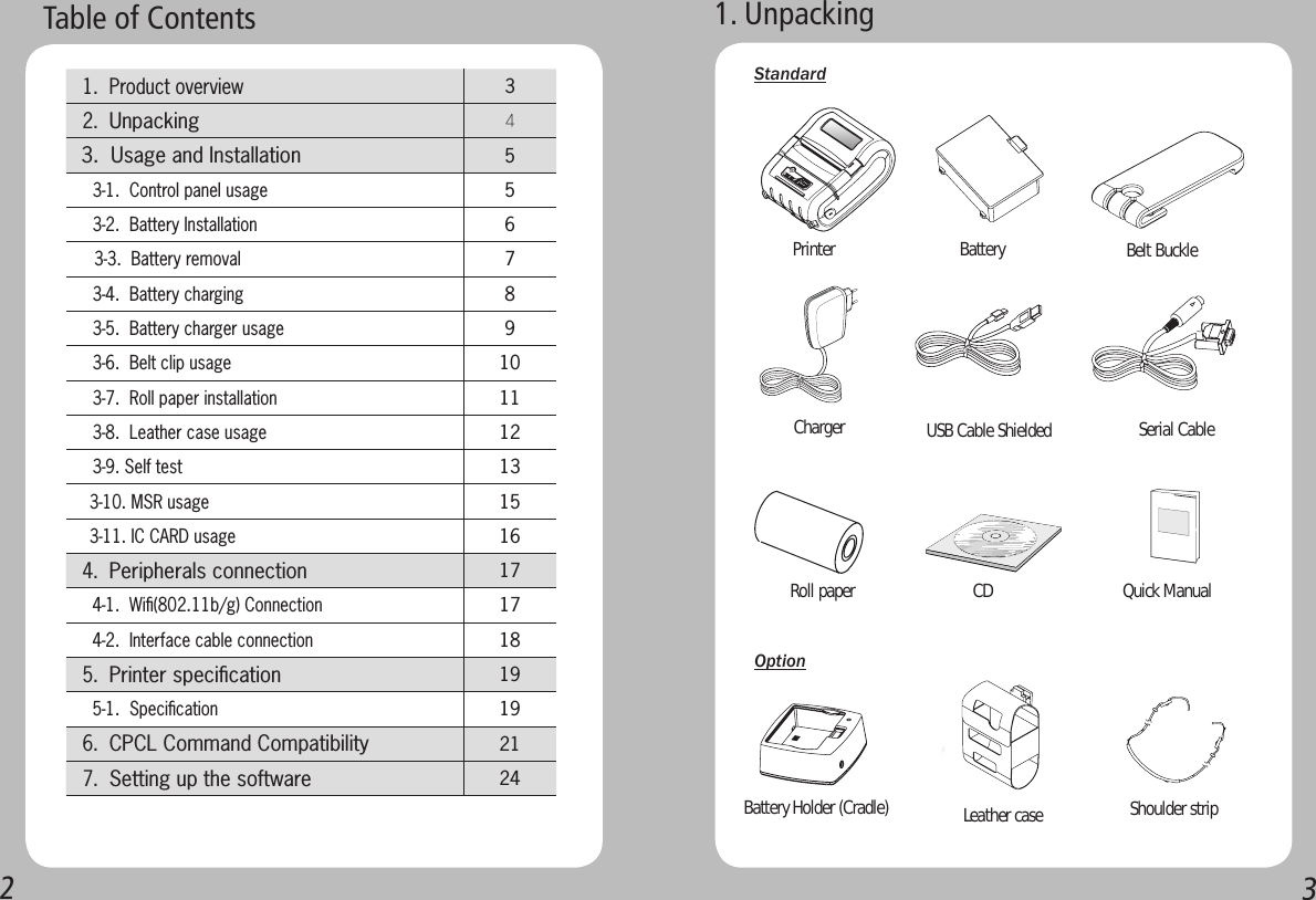 23Table of Contents 1. Unpacking   1.  Product overview 3 2.  Unpacking 4 3.  Usage and Installation 5   3-1.  Control panel usage5   3-2.  Battery Installation6    3-3.  Battery removal7   3-4.  Battery charging8   3-5.  Battery charger usage9   3-6.  Belt clip usage10   3-7.  Roll paper installation11   3-8.  Leather case usage12   3-9. Self test13   3-10. MSR usage15   3-11. IC CARD usage16 4.  Peripherals connection 17   4-1.  Wiﬁ(802.11b/g) Connection17   4-2.  Interface cable connection18 5.  Printer speciﬁcation 19   5-1.  Speciﬁcation19 6.  CPCL Command Compatibility  21 7.  Setting up the software 24StandardOptionPrinter BatterySerial CableRoll paperBelt BuckleUSB Cable ShieldedChargerCD Quick ManualBattery Holder (Cradle) Leather case  Shoulder strip