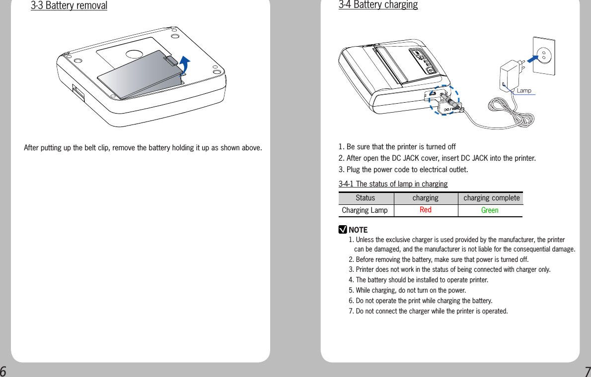 67NOTE1. Unless the exclusive charger is used provided by the manufacturer, the printer      can be damaged, and the manufacturer is not liable for the consequential damage.2. Before removing the battery, make sure that power is turned off.3. Printer does not work in the status of being connected with charger only.4. The battery should be installed to operate printer.5. While charging, do not turn on the power.6. Do not operate the print while charging the battery.7. Do not connect the charger while the printer is operated.1. Be sure that the printer is turned off 2. After open the DC JACK cover, insert DC JACK into the printer.3. Plug the power code to electrical outlet.3-4 Battery chargingAfter putting up the belt clip, remove the battery holding it up as shown above.3-3 Battery removalLamp3-4-1 The status of lamp in chargingStatus                  charging            charging complete      Charging Lamp  Red    Green