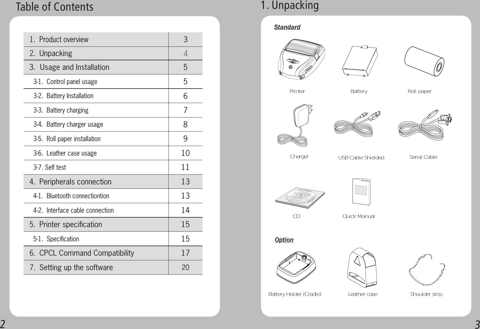 23Table of Contents1.  Product overview 32.  Unpacking 3.  Usage and Installation 53-1.  Control panel usage53-2.  Battery Installation63-3.  Battery charging73-4.  Battery charger usage83-5.  Roll paper installation93-6.  Leather case usage103-7. Self test114.  Peripherals connection 134-1.  Bluetooth connectiontion134-2.  Interface cable connection145.  Printer speciﬁcation 155-1.  Speciﬁcation156.  CPCL Command Compatibility  177.  Setting up the software 201. Unpacking  StandardOptionPrinter BatterySerial CableRoll paperUSB Cable ShieldedChargerCD Quick ManualBattery Holder (Cradle) Leather case  Shoulder strip