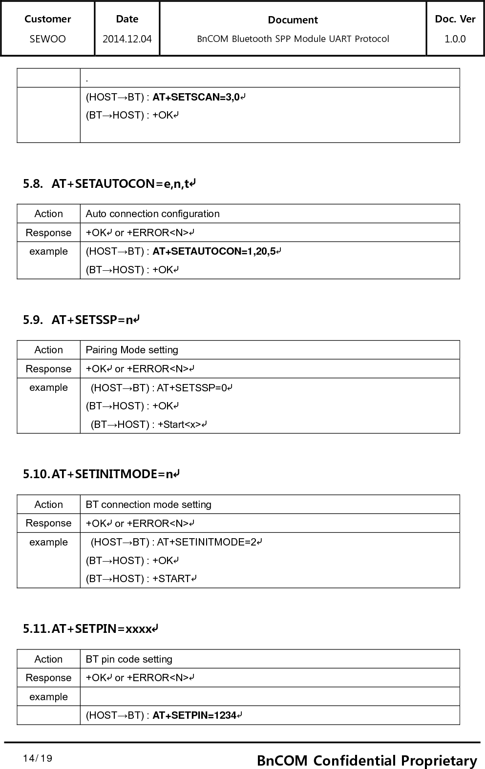 Customer SEWOO Date 2014.12.04 Document BnCOM Bluetooth SPP Module UART Protocol Doc. Ver1.0.0  14/19  14BnCOM Confidential Proprietary.  (HOST→BT) : AT+SETSCAN=3,0⤶(BT→HOST) : +OK⤶ 5.8. AT+SETAUTOCON=e,n,t⤶ Action  Auto connection configuration Response  +OK⤶ or +ERROR&lt;N&gt;⤶ example  (HOST→BT) : AT+SETAUTOCON=1,20,5⤶(BT→HOST) : +OK⤶ 5.9. AT+SETSSP=n⤶ Action  Pairing Mode setting Response  +OK⤶ or +ERROR&lt;N&gt;⤶ example   (HOST→BT) : AT+SETSSP=0⤶(BT→HOST) : +OK⤶ (BT→HOST) : +Start&lt;x&gt;⤶ 5.10. AT+SETINITMODE=n⤶ Action  BT connection mode setting Response  +OK⤶ or +ERROR&lt;N&gt;⤶ example   (HOST→BT) : AT+SETINITMODE=2⤶(BT→HOST) : +OK⤶(BT→HOST) : +START⤶ 5.11. AT+SETPIN=xxxx⤶ Action  BT pin code setting Response  +OK⤶ or +ERROR&lt;N&gt;⤶ example   (HOST→BT) : AT+SETPIN=1234⤶