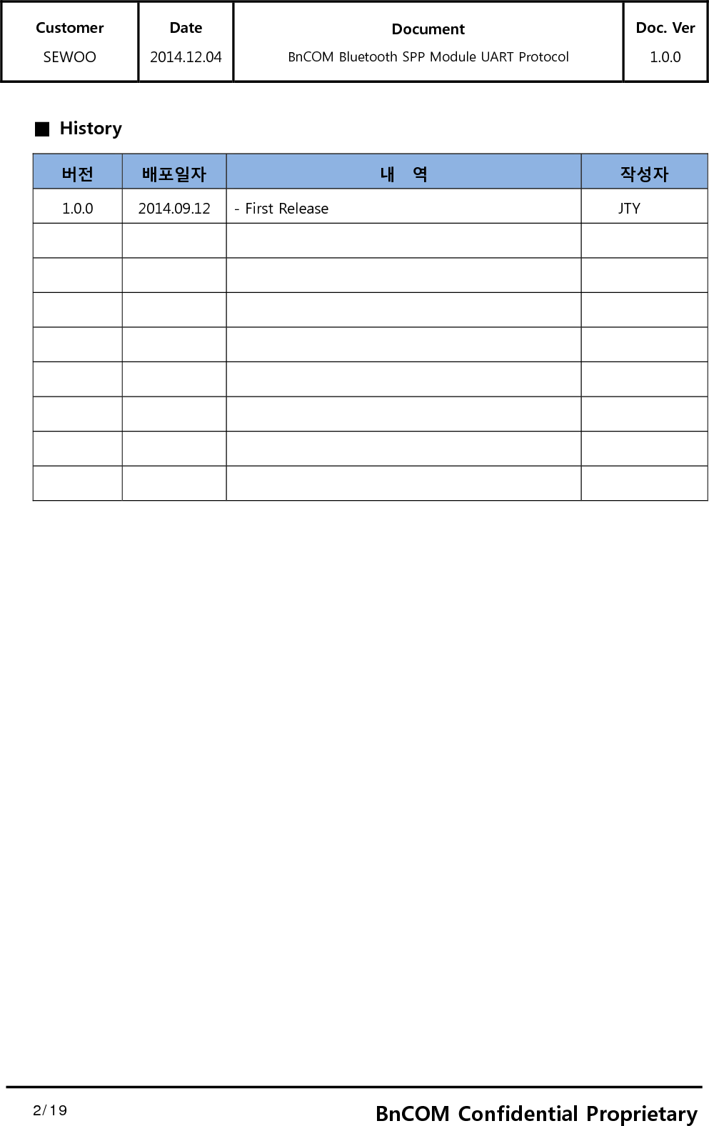 Customer SEWOO Date 2014.12.04 Document BnCOM Bluetooth SPP Module UART Protocol Doc. Ver1.0.0  2/19  2BnCOM Confidential Proprietary■  History 버전  배포일자  내    역  작성자 1.0.0  2014.09.12  - First Release  JTY                                           