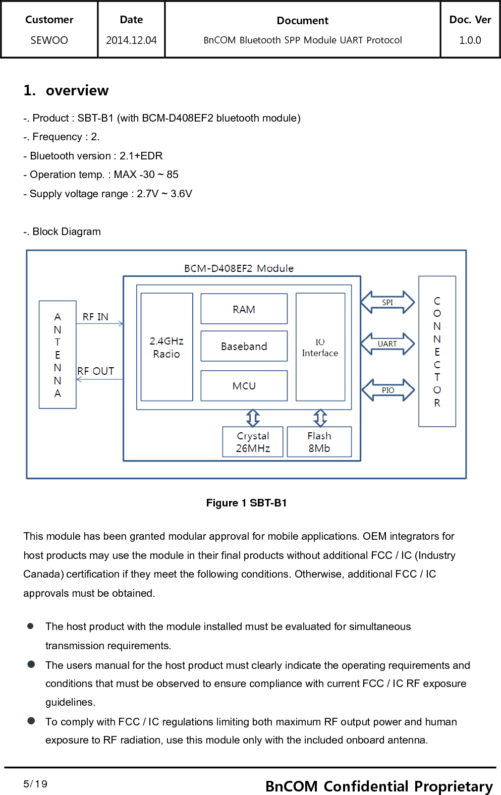 Customer SEWOO Date 2014.12.04 Document BnCOM Bluetooth SPP Module UART Protocol Doc. Ver1.0.0  5/19  5BnCOM Confidential Proprietary1. overview -. Product : SBT-B1 (with BCM-D408EF2 bluetooth module) -. Frequency : 2. - Bluetooth version : 2.1+EDR - Operation temp. : MAX -30 ~ 85 - Supply voltage range : 2.7V ~ 3.6V  -. Block Diagram  Figure 1 SBT-B1 This module has been granted modular approval for mobile applications. OEM integrators for host products may use the module in their final products without additional FCC / IC (Industry Canada) certification if they meet the following conditions. Otherwise, additional FCC / IC approvals must be obtained.  The host product with the module installed must be evaluated for simultaneous transmission requirements.  The users manual for the host product must clearly indicate the operating requirements and conditions that must be observed to ensure compliance with current FCC / IC RF exposure guidelines.  To comply with FCC / IC regulations limiting both maximum RF output power and human exposure to RF radiation, use this module only with the included onboard antenna. 