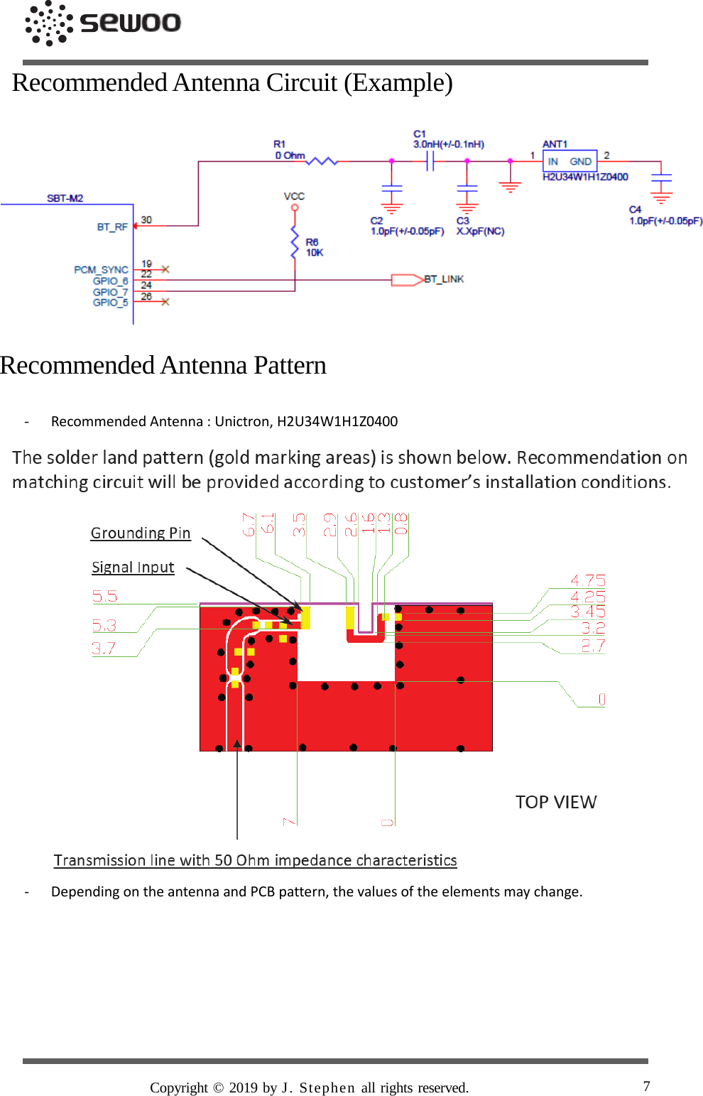      Recommended Antenna Circuit (Example)    Recommended Antenna Pattern   - Recommended Antenna : Unictron, H2U34W1H1Z0400 - Depending on the antenna and PCB pattern, the values of the elements may change.           Copyright © 2019 by J. Stephen all rights reserved. 7  