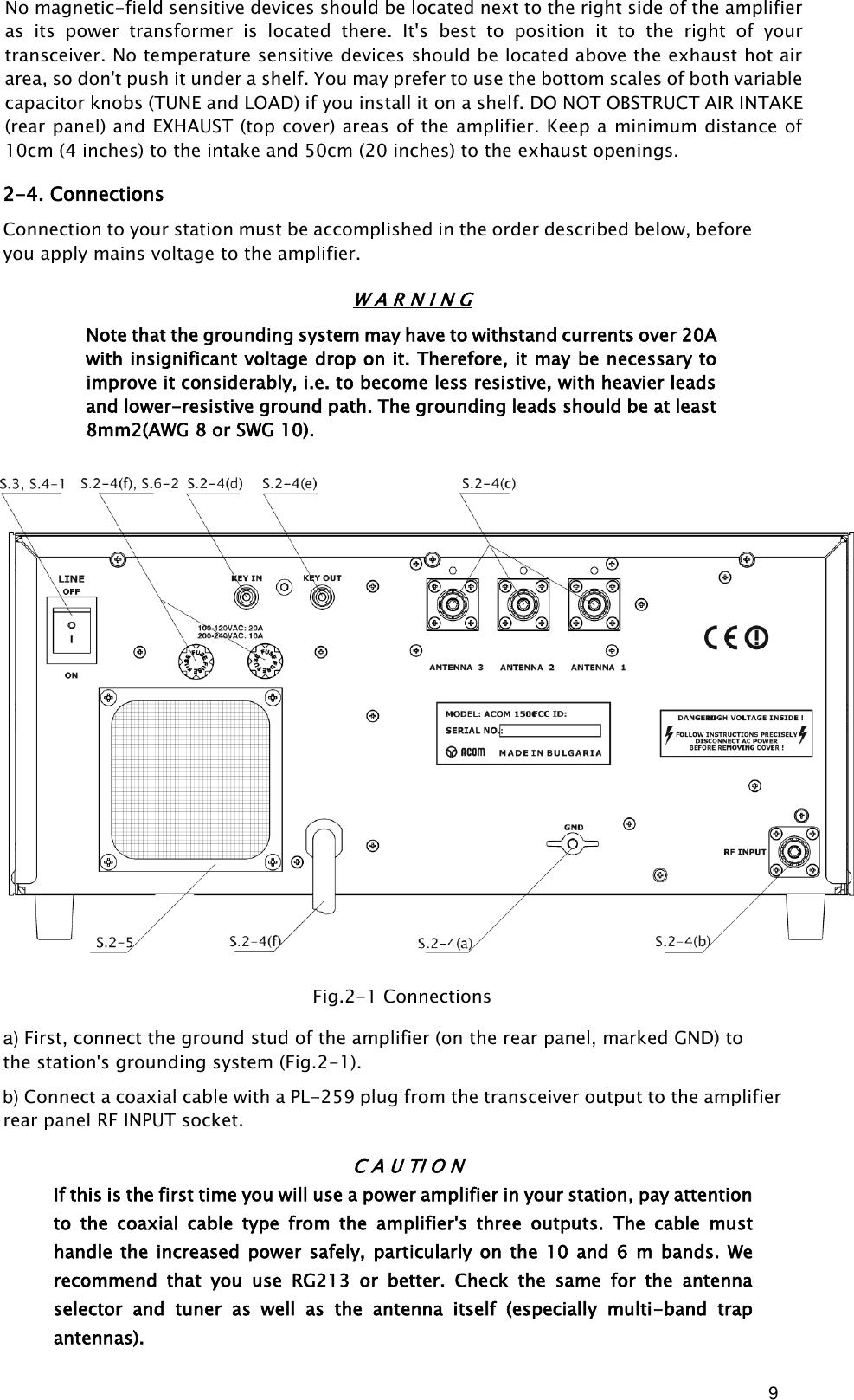 9 No magnetic-field sensitive devices should be located next to the right side of the amplifier as  its  power  transformer  is  located  there.  It&apos;s  best  to  position  it  to  the  right  of  your transceiver. No temperature sensitive devices should be located above the exhaust hot air area, so don&apos;t push it under a shelf. You may prefer to use the bottom scales of both variable capacitor knobs (TUNE and LOAD) if you install it on a shelf. DO NOT OBSTRUCT AIR INTAKE (rear panel) and EXHAUST (top cover) areas of the amplifier. Keep a minimum distance of 10cm (4 inches) to the intake and 50cm (20 inches) to the exhaust openings.  2-4. Connections Connection to your station must be accomplished in the order described below, before you apply mains voltage to the amplifier. W A R N I N G Note that the grounding system may have to withstand currents over 20A with insignificant voltage drop on it. Therefore, it may be necessary to improve it considerably, i.e. to become less resistive, with heavier leads and lower-resistive ground path. The grounding leads should be at least 8mm2(AWG 8 or SWG 10).                     Fig.2-1 Connections   a) First, connect the ground stud of the amplifier (on the rear panel, marked GND) to the station&apos;s grounding system (Fig.2-1). b) Connect a coaxial cable with a PL-259 plug from the transceiver output to the amplifier rear panel RF INPUT socket. C A U TI O N If this is the first time you will use a power amplifier in your station, pay attention to  the  coaxial  cable  type  from  the  amplifier&apos;s  three  outputs.  The  cable  must handle  the  increased  power  safely,  particularly  on  the 10  and  6 m bands.  We recommend  that  you  use  RG213  or  better.  Check  the  same  for  the  antenna selector  and  tuner  as  well  as  the  antenna  itself  (especially  multi-band  trap antennas).  