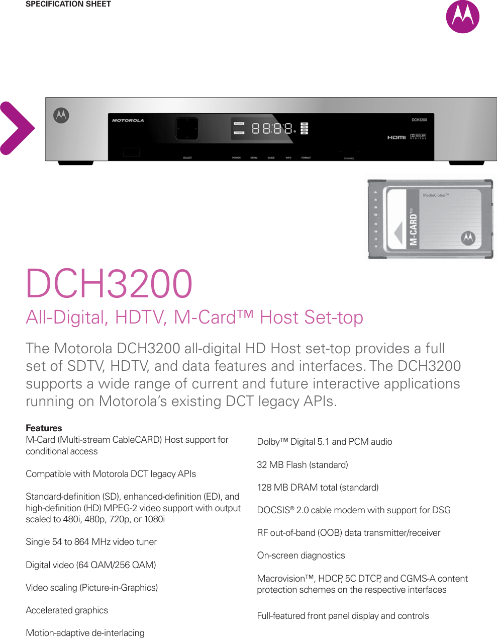 Page 1 of 2 - Arris DCH3200 Specification Sheet User Manual Specifications