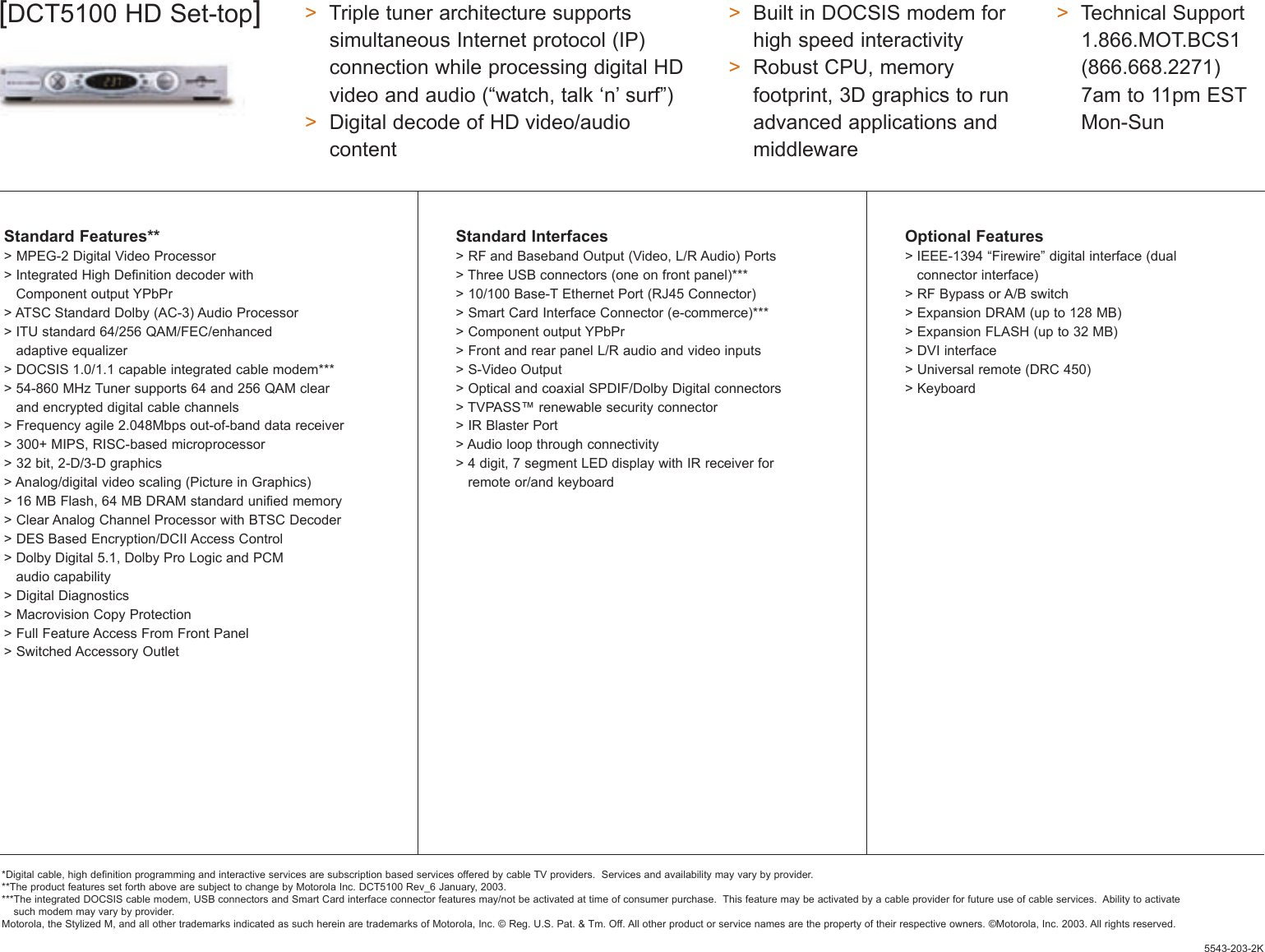 Page 2 of 2 - Arris DCT5100 Motorola_DCT5100_One_She User Manual Specifications Specification Sheet