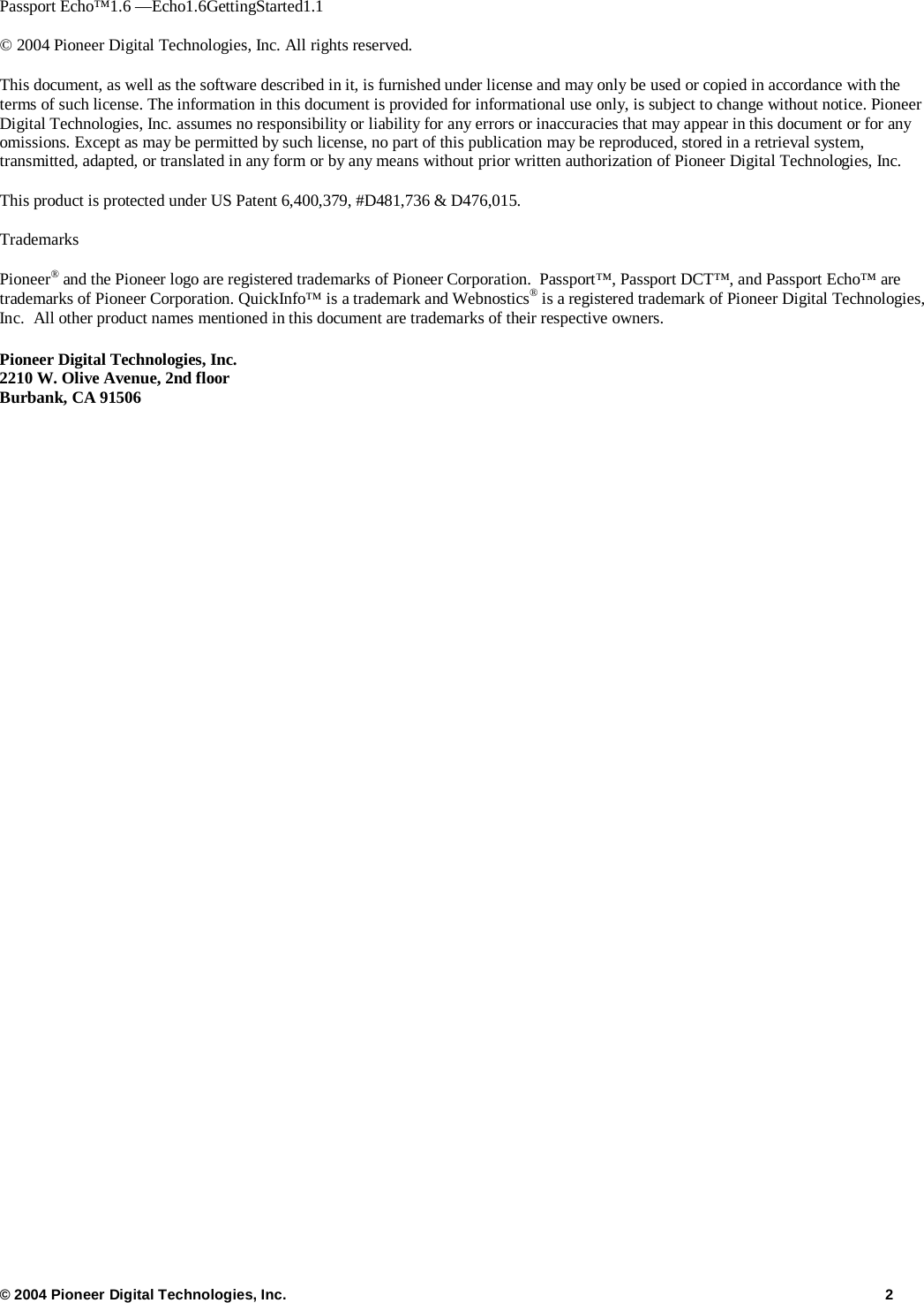 Page 2 of 10 - Arris DCT6412 - Echo1.6GettingStarted1.1 User Manual DCT6412: Guide Passport Echo EPG Getting Started