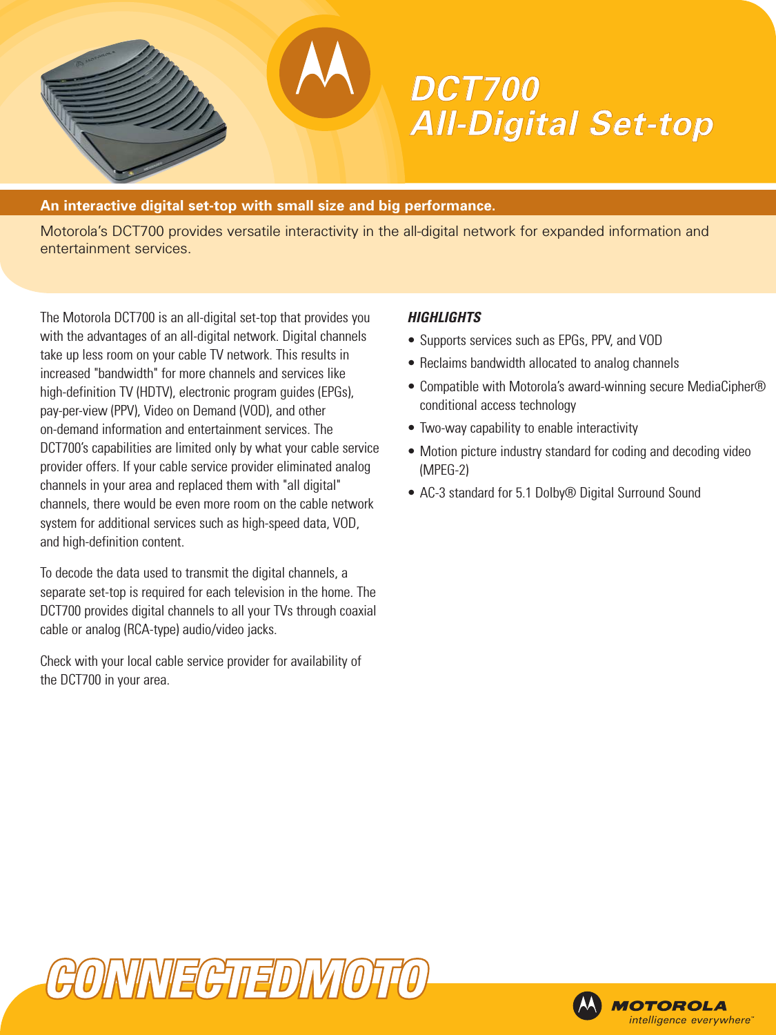 Page 1 of 2 - Arris DCT700 521918-001_dct700_021605_nt.qxp User Manual Specifications Data Sheet