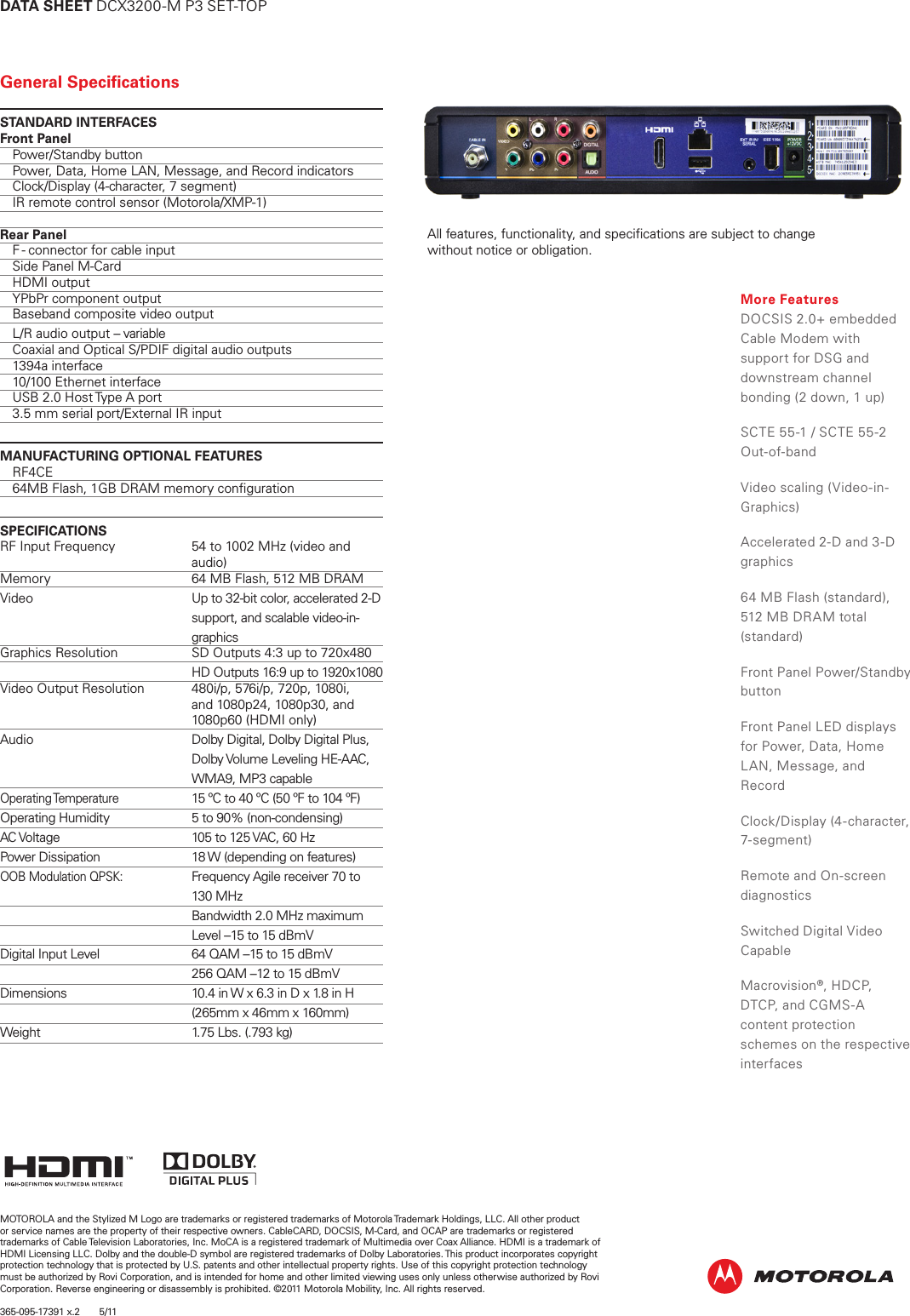 Page 2 of 2 - Arris DCX3200-M P3 User Manual Specifications DCX3200MP3 Data Sheet