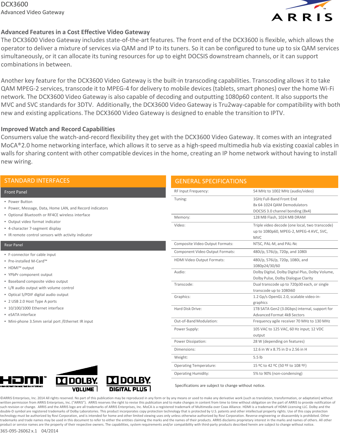 Page 2 of 2 - Arris DCX3600  Presentation User Manual Specifications - Data Sheet