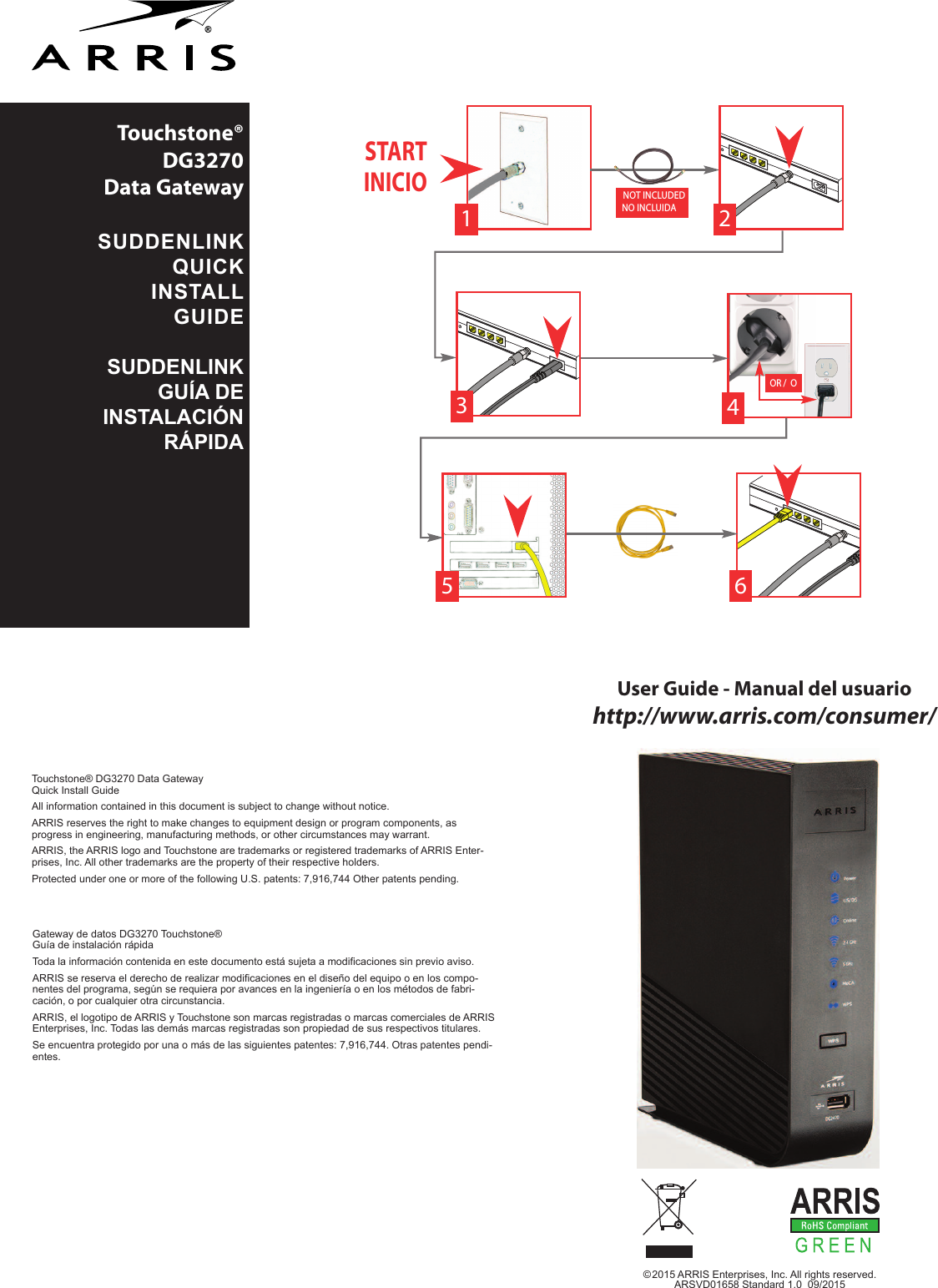 Page 1 of 2 - Arris DG3270A Touchstone DG860A Data Gateway Quick Install Guide User Manual DG3270A-SL: Start DG3270A-SL