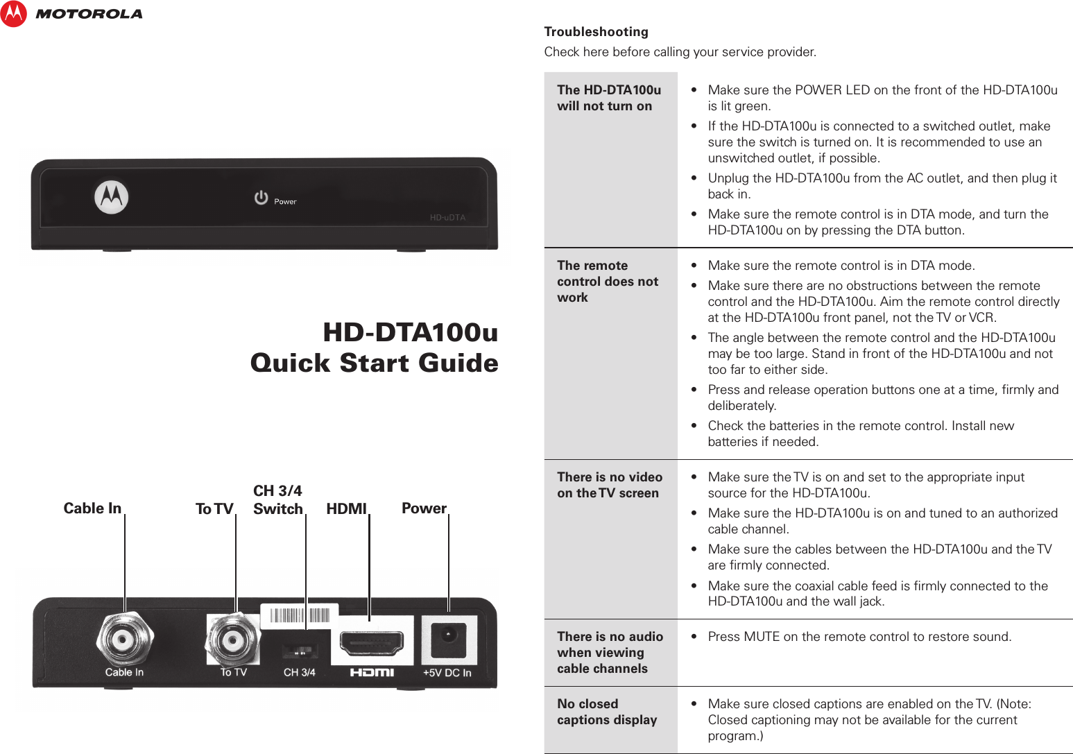 Page 1 of 2 - Arris HD-DTA100u User Manual HD-DTA100u: Quick Start Guide