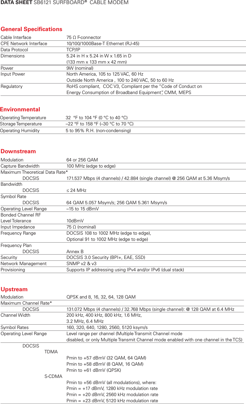 Page 2 of 3 - Arris SB6121 User Manual Specifications Data Sheets