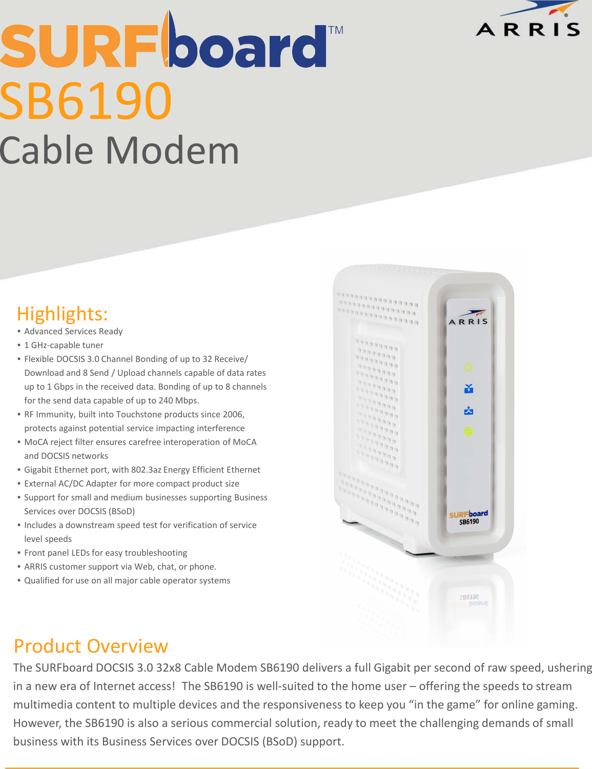 Page 1 of 2 - Arris SB6190  1 User Manual Specifications Data Sheet