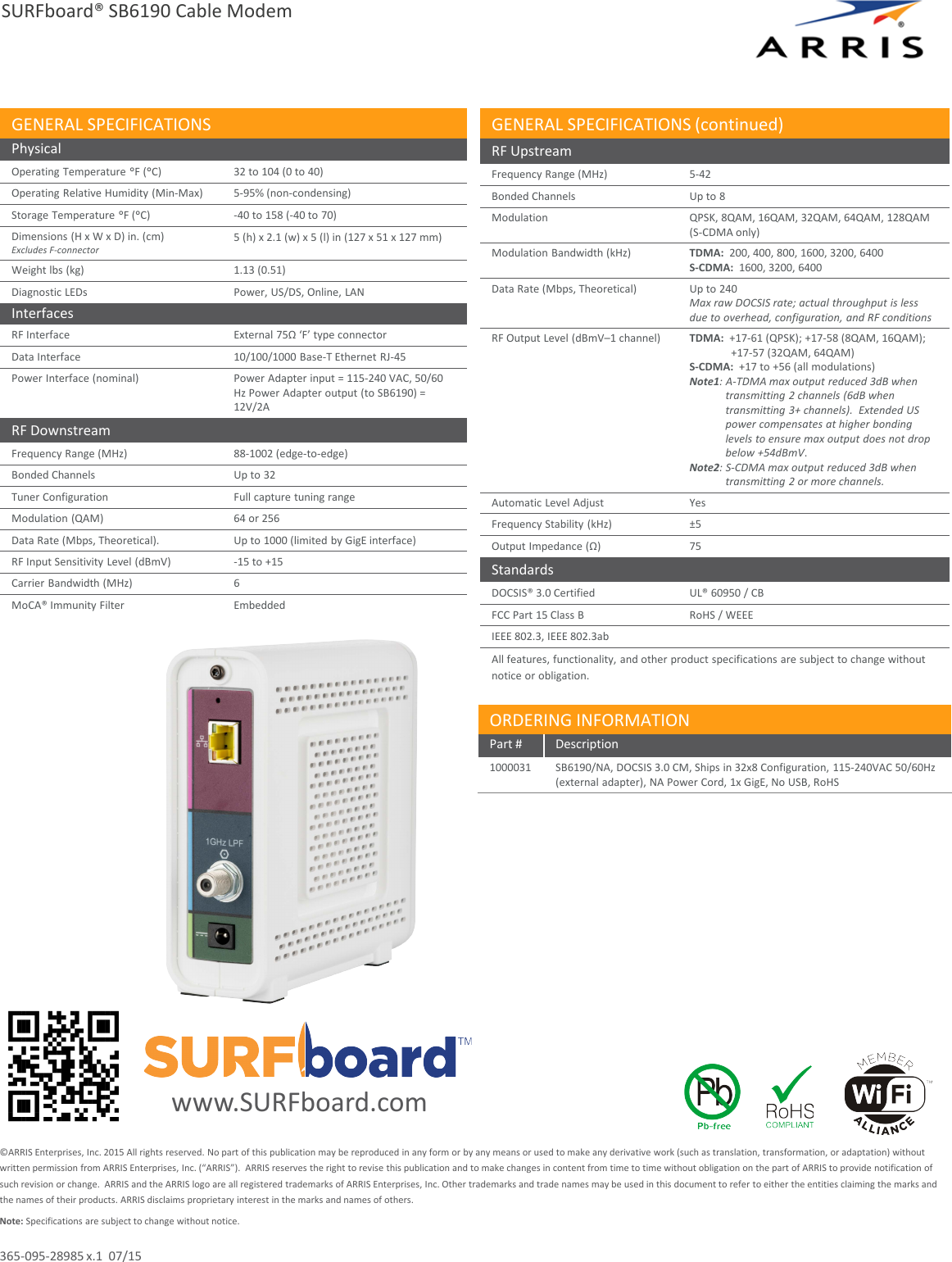 Page 2 of 2 - Arris SB6190  1 User Manual Specifications Data Sheet