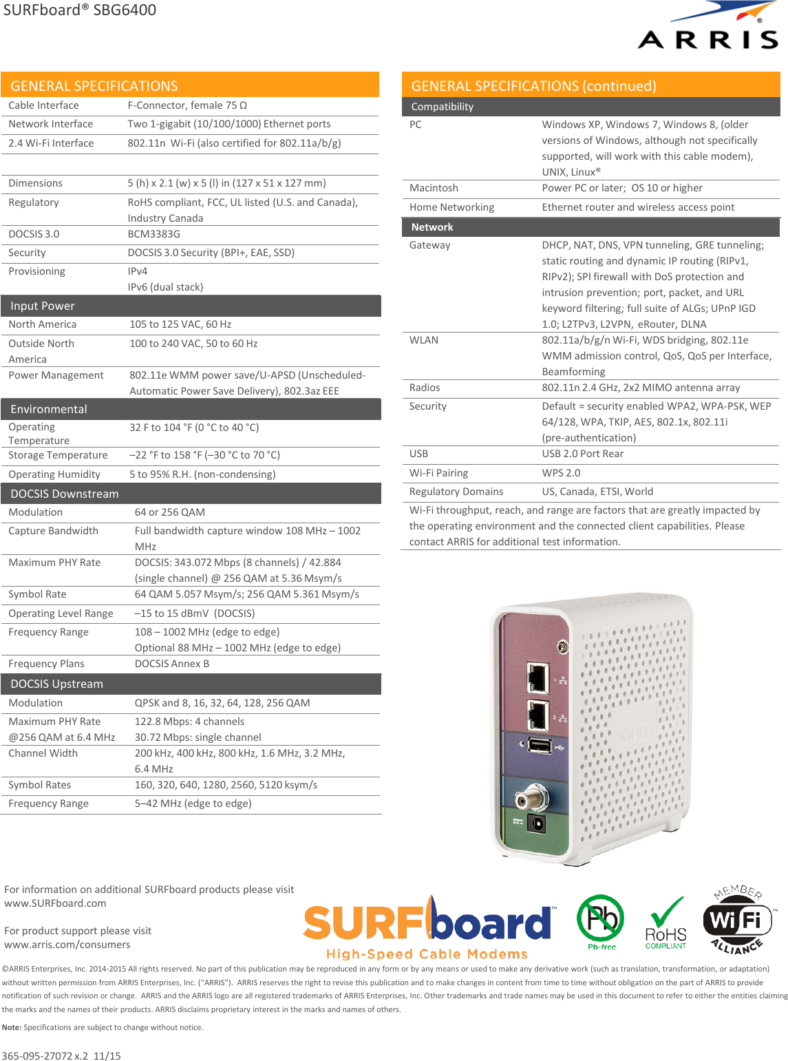 Page 3 of 3 - Arris SBG6400  1 User Manual Specifications Data Sheet