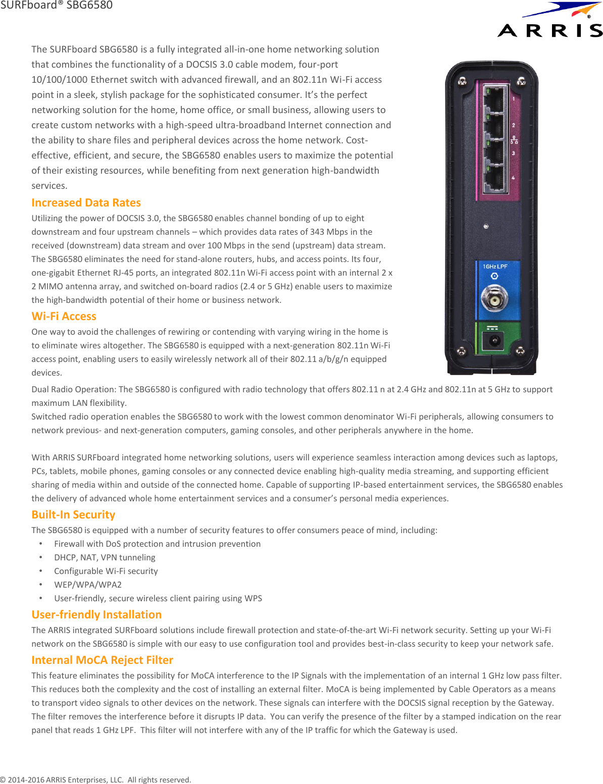 Page 2 of 3 - Arris SBG6580 / SBG6580-2  Presentation User Manual Specifications Data Sheet