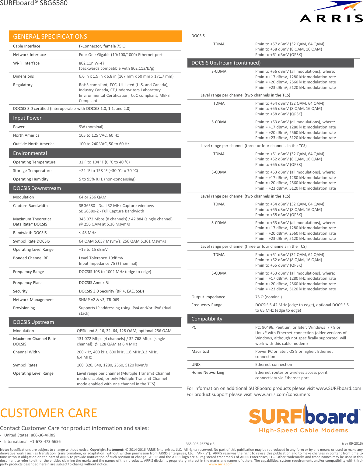 Page 3 of 3 - Arris SBG6580 / SBG6580-2  Presentation User Manual Specifications Data Sheet