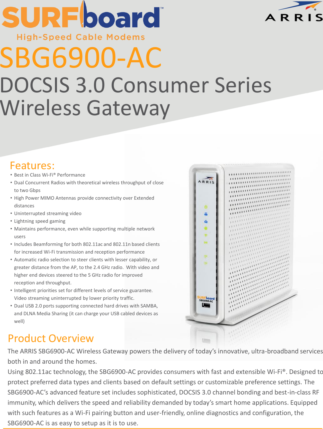 Page 1 of 3 - Arris SBG6900-AC  1 User Manual Specifications Data Sheet