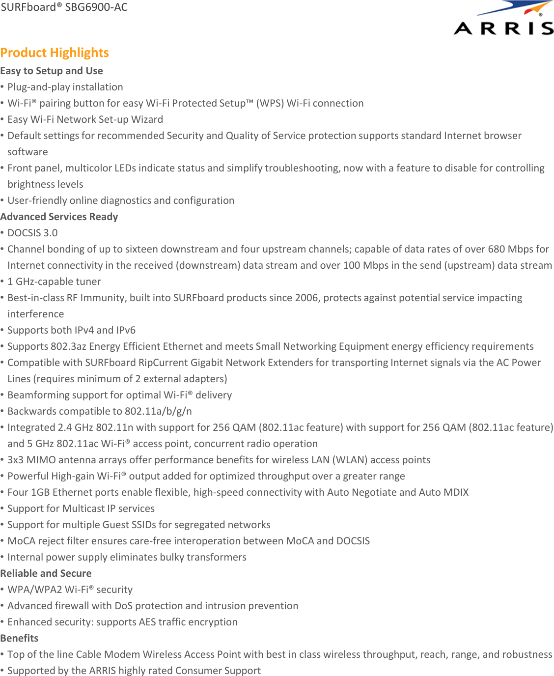 Page 2 of 3 - Arris SBG6900-AC  1 User Manual Specifications Data Sheet