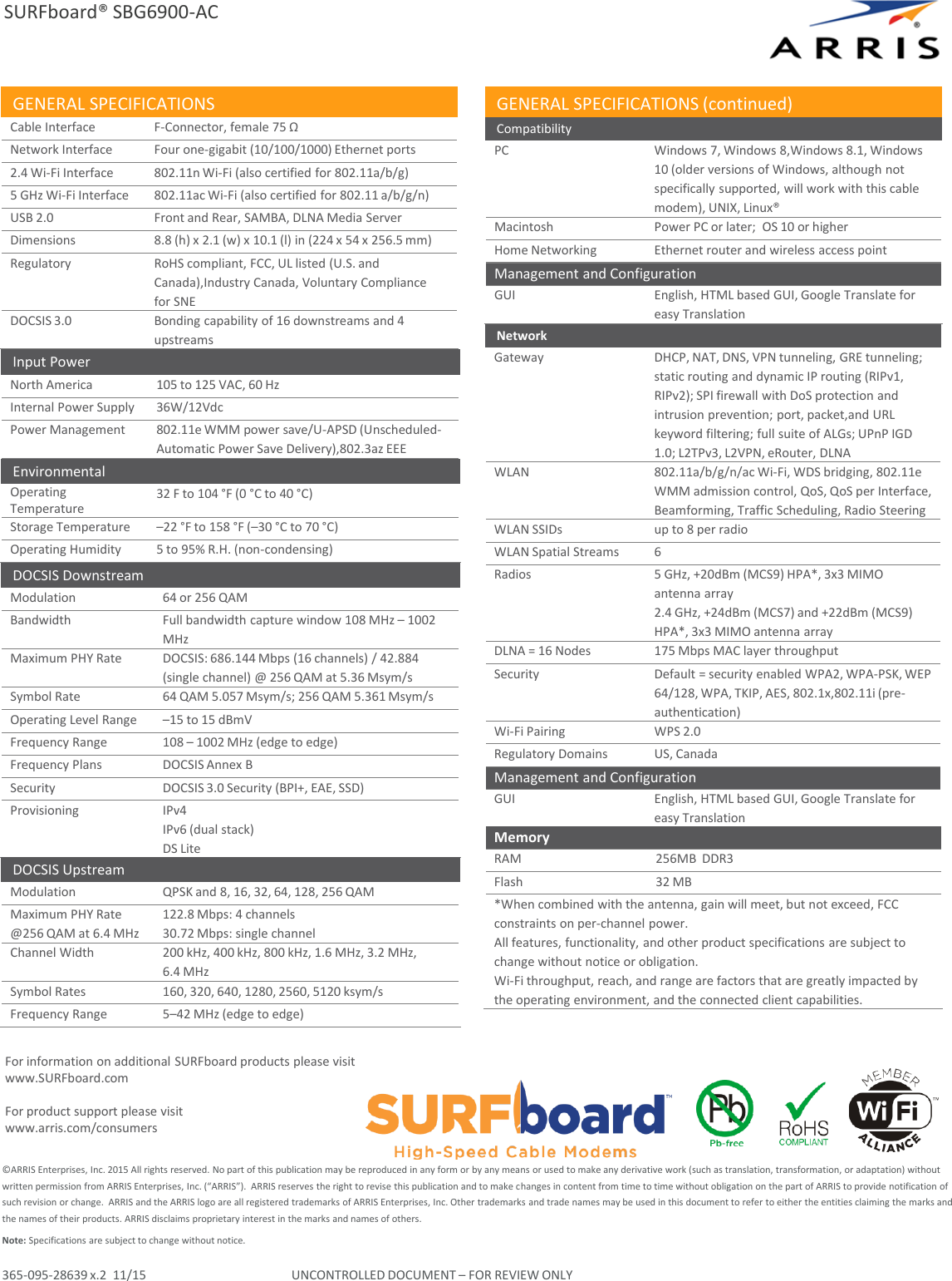 Page 3 of 3 - Arris SBG6900-AC  1 User Manual Specifications Data Sheet