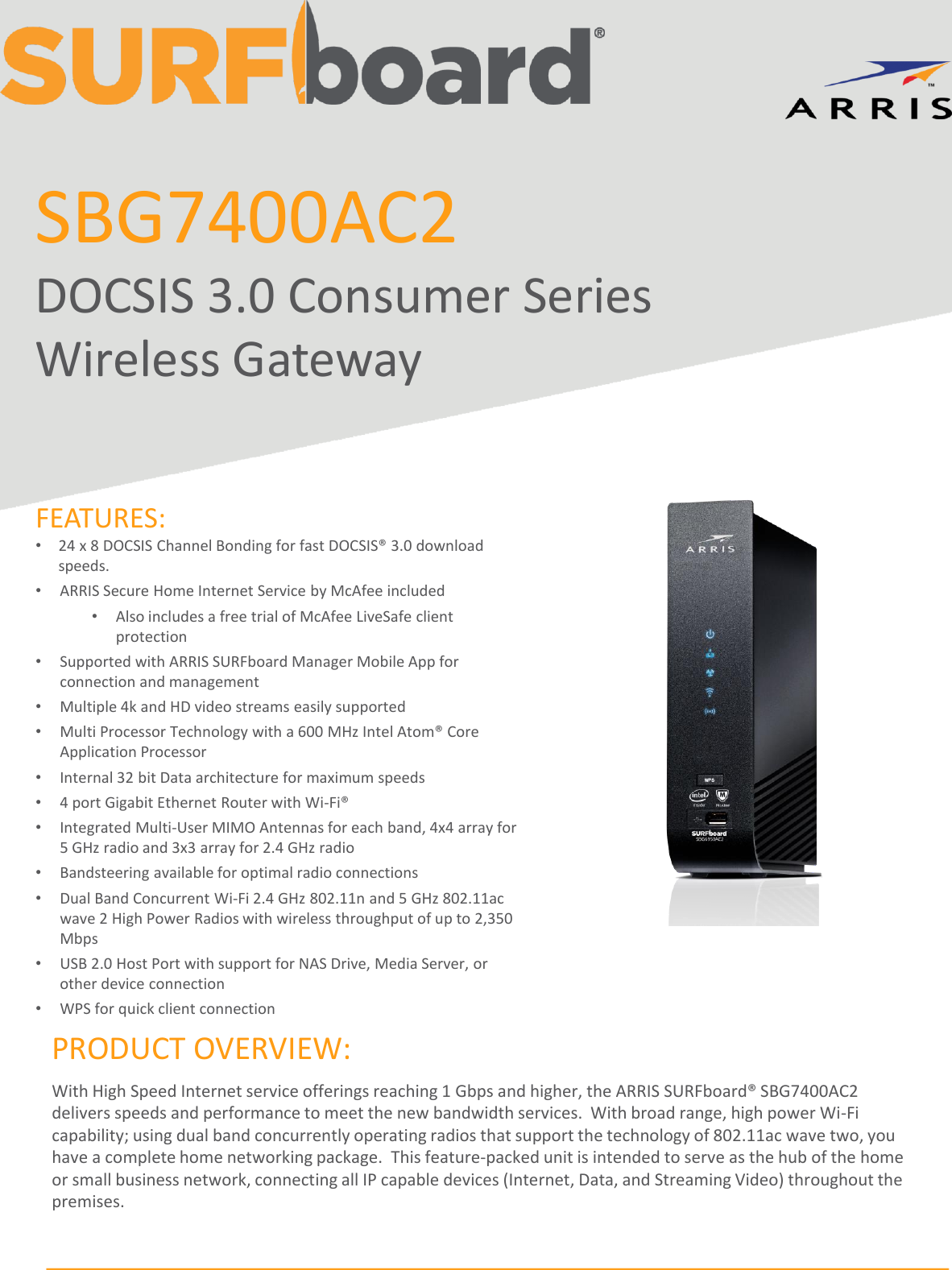Arris SBG7400AC2 McAfee Touchstone DG3260A User Manual Specifications