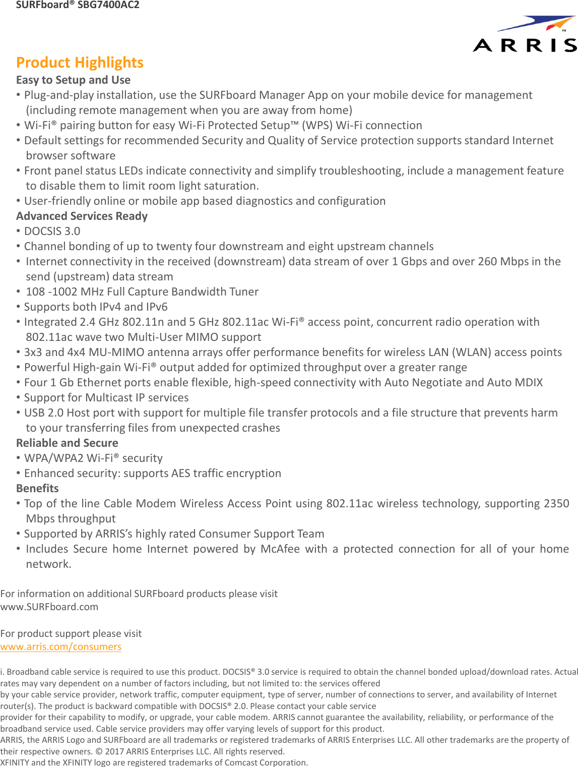 Page 2 of 3 - Arris SBG7400AC2 McAfee Touchstone DG3260A User Manual Specifications Data Sheet