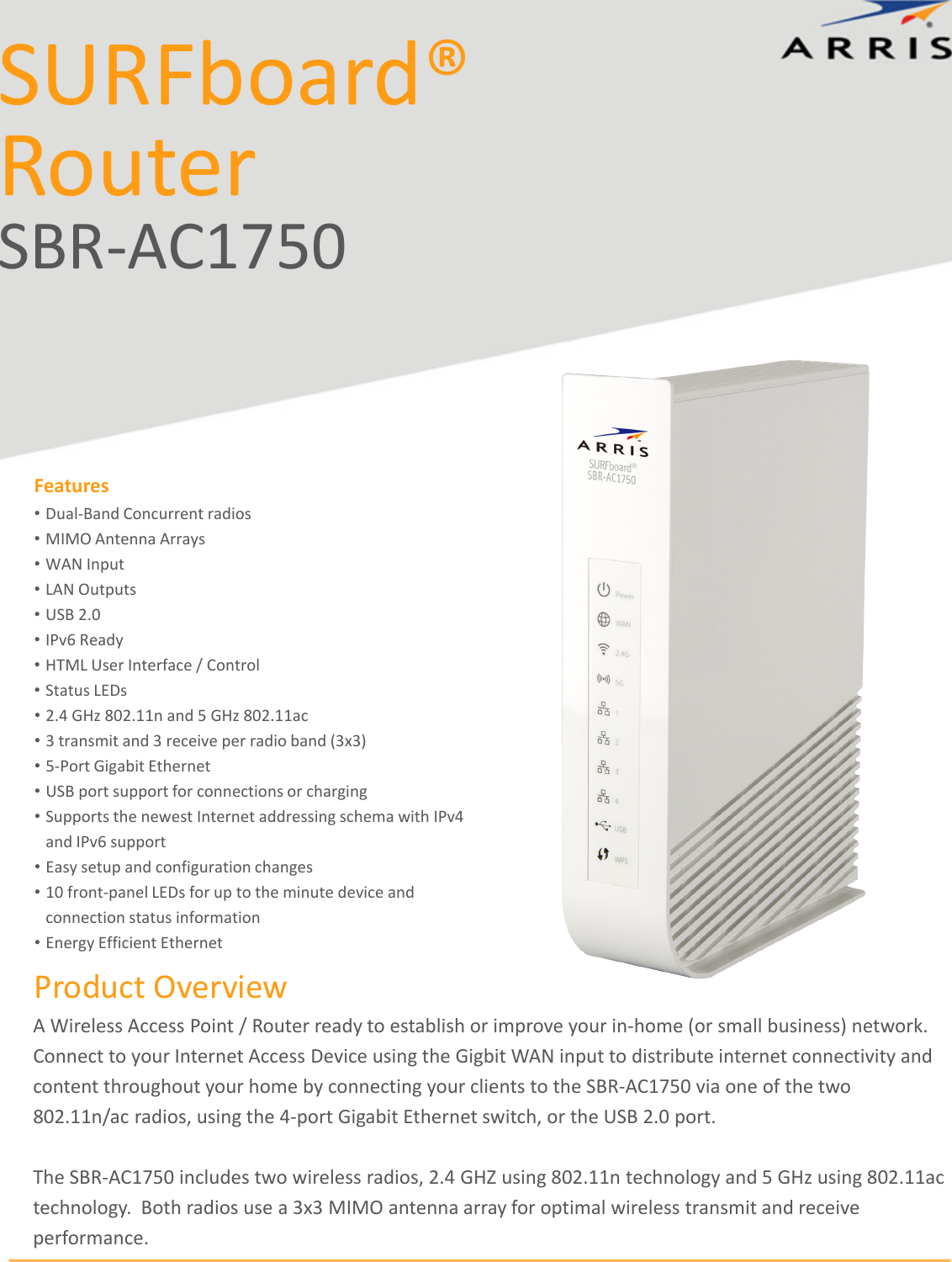 Page 1 of 3 - Arris SBR-AC1750  1 User Manual Specifications Data Sheet