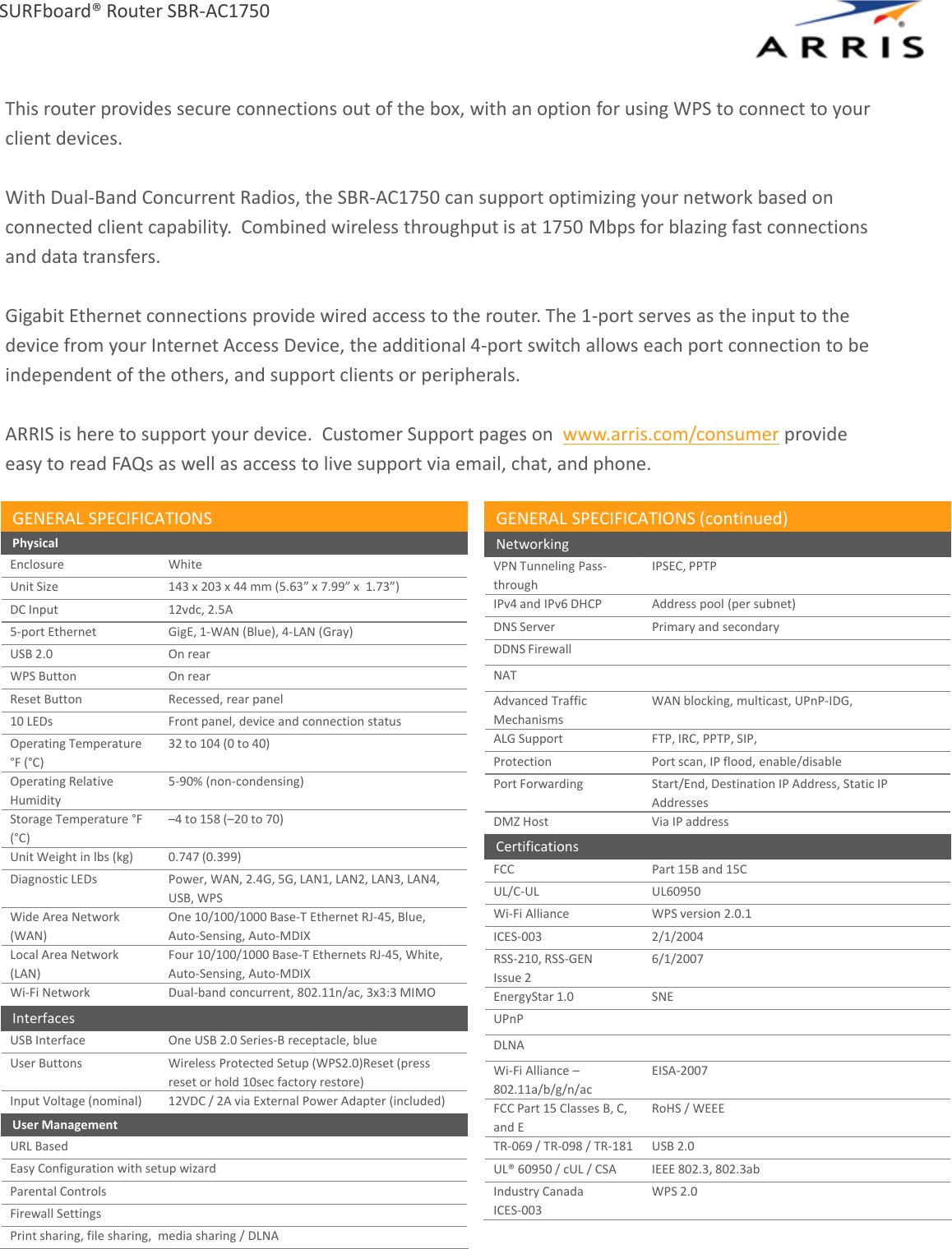 Page 2 of 3 - Arris SBR-AC1750  1 User Manual Specifications Data Sheet