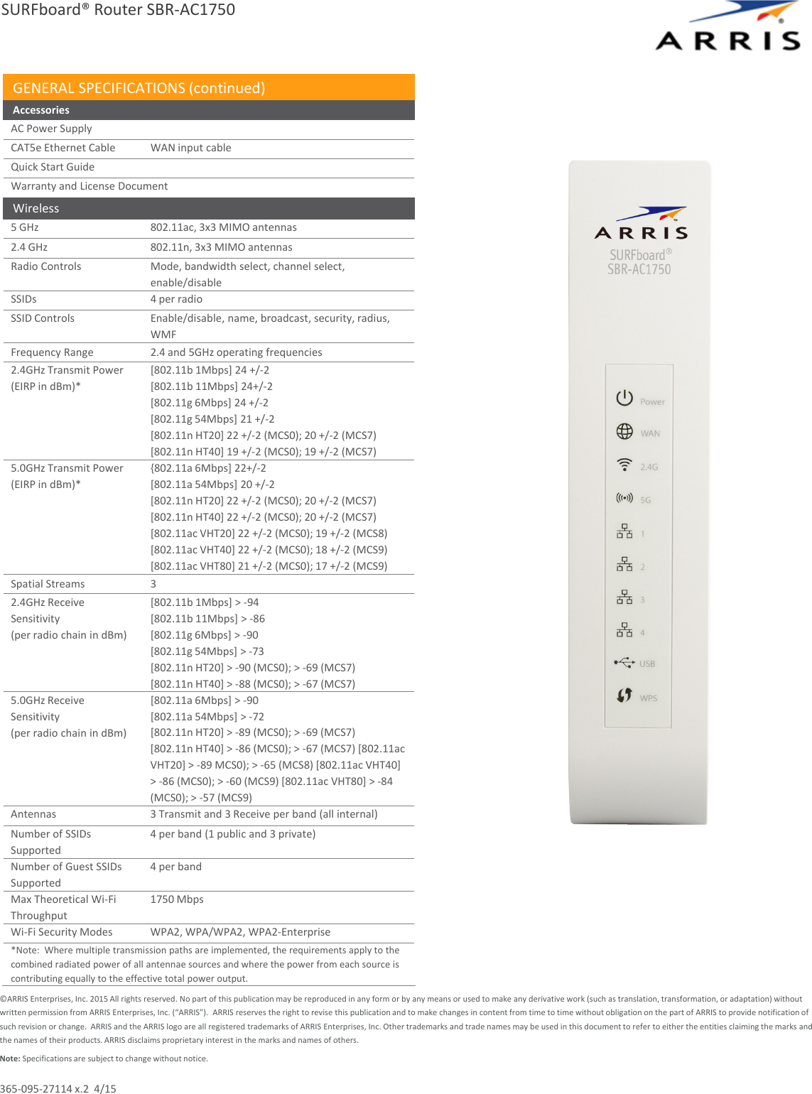 Page 3 of 3 - Arris SBR-AC1750  1 User Manual Specifications Data Sheet